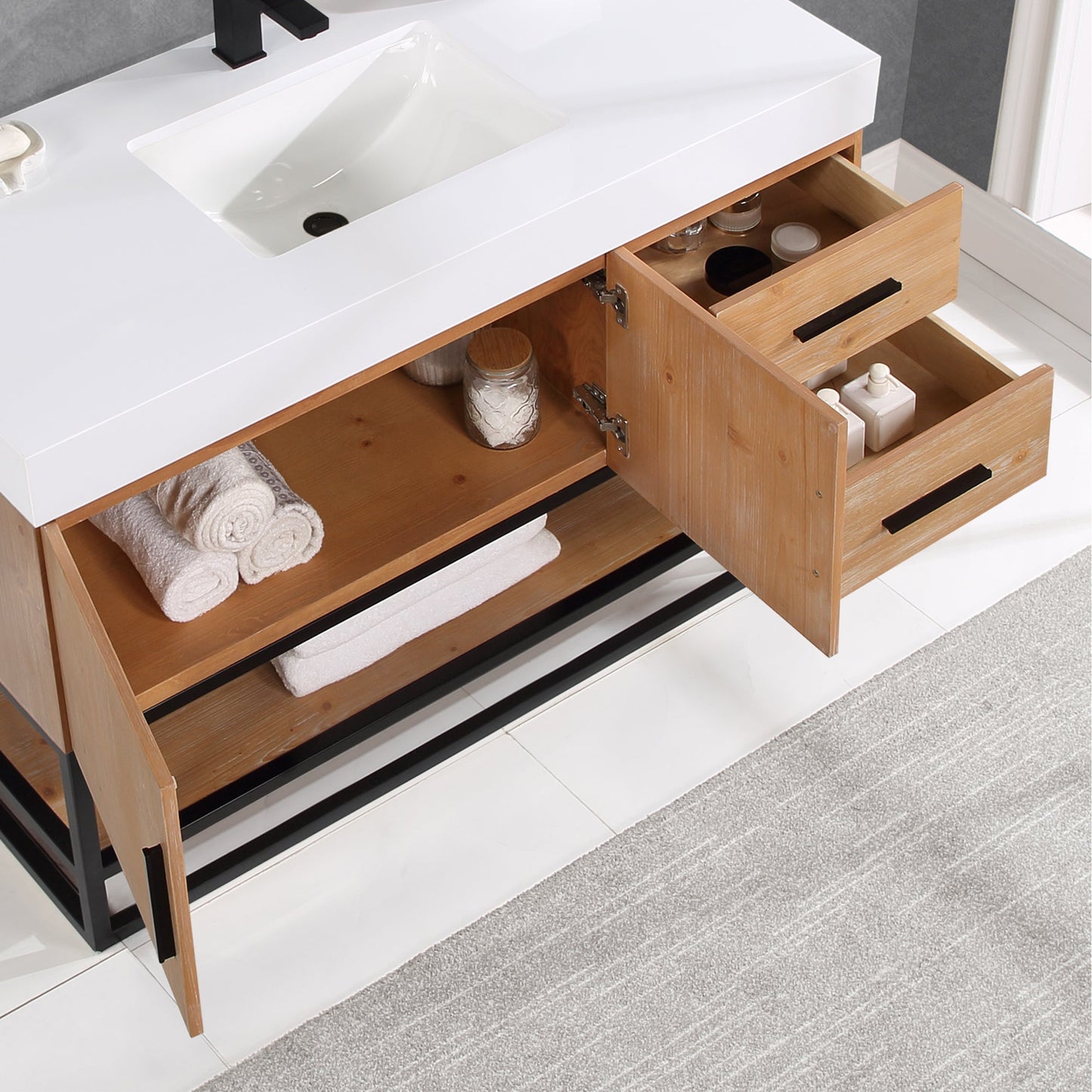 Bianco 48" Single Bathroom Vanity in Light Brown with Matte Black Support Base and White Engineered Stone Countertop with Mirror