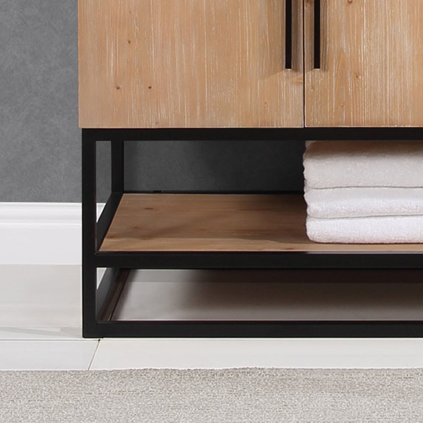 Bianco 48" Single Bathroom Vanity in Light Brown with Matte Black Support Base and White Engineered Stone Countertop with Mirror