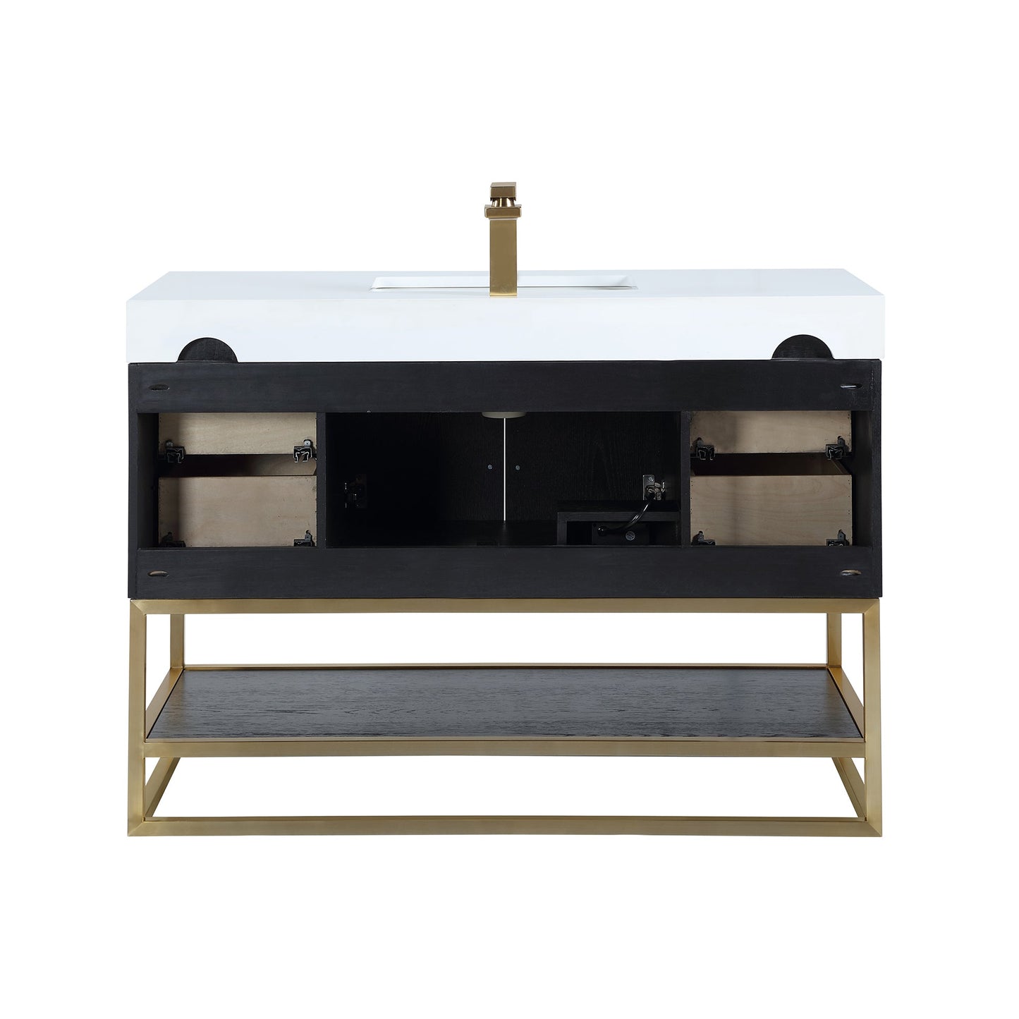 Bianco 48D" Single Bathroom Vanity in Black Oak with Brushed Gold Support Base and White Engineered Stone Countertop without Mirror