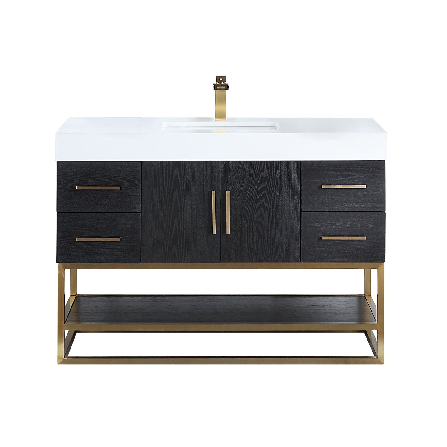 Bianco 48D" Single Bathroom Vanity in Black Oak with Brushed Gold Support Base and White Engineered Stone Countertop without Mirror
