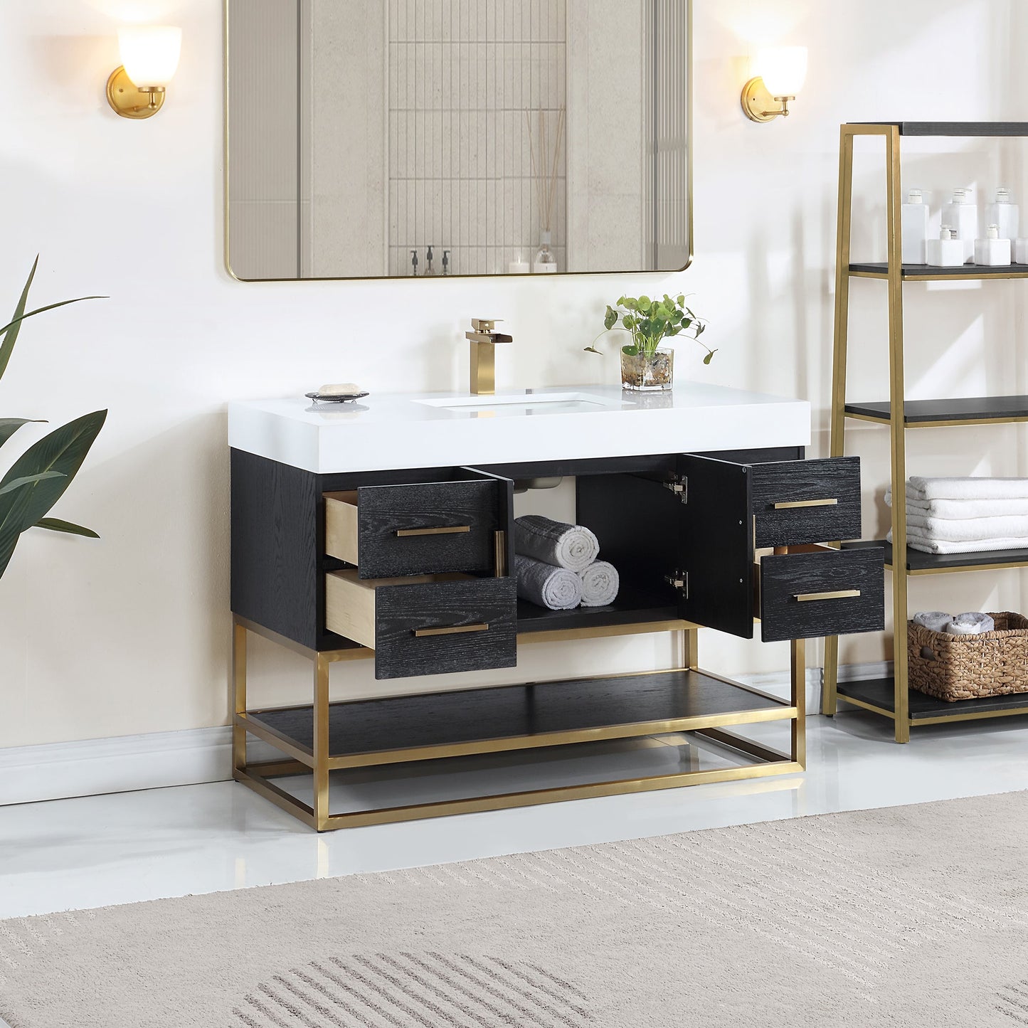 Bianco 48D" Single Bathroom Vanity in Black Oak with Brushed Gold Support Base and White Engineered Stone Countertop without Mirror