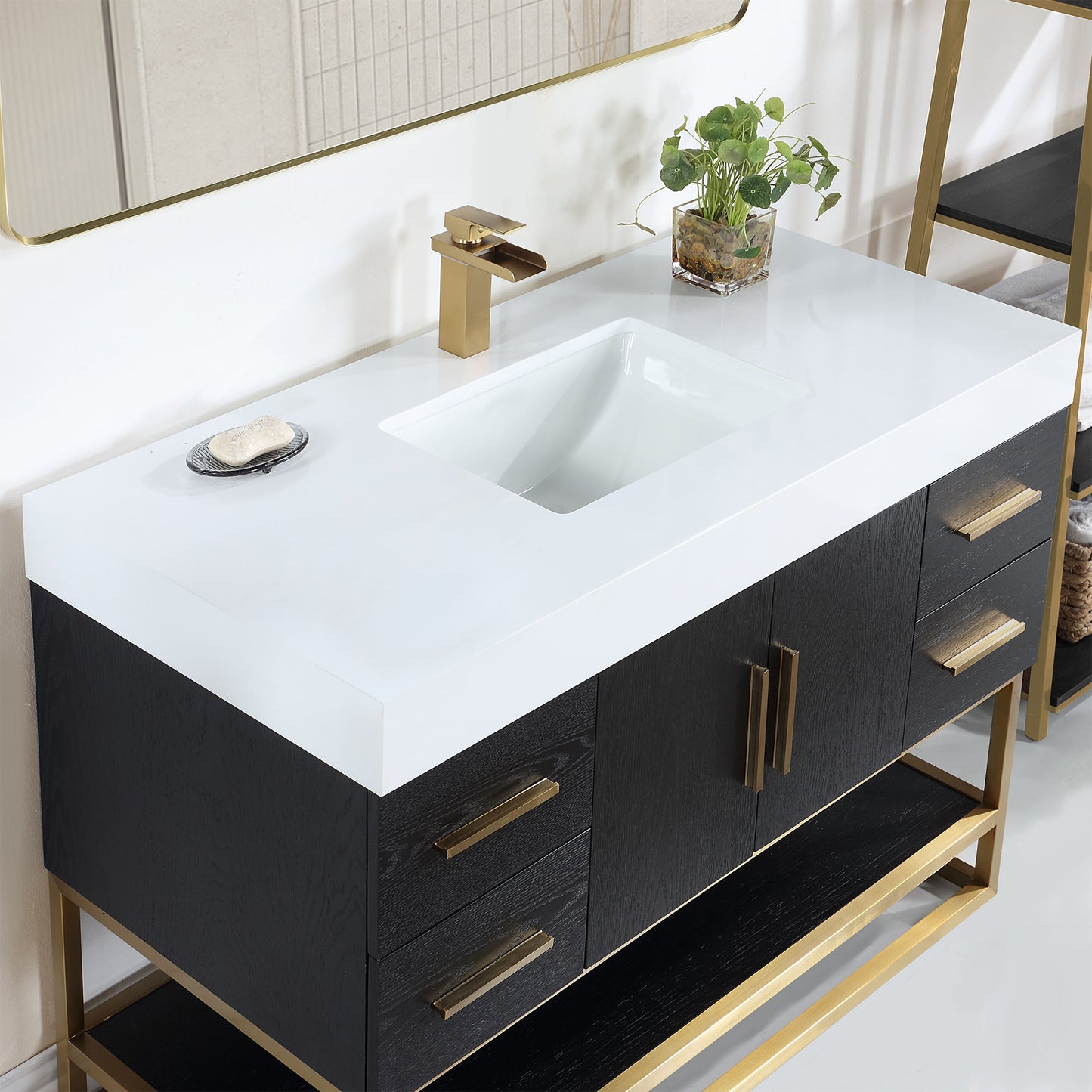Bianco 48D" Single Bathroom Vanity in Black Oak with Brushed Gold Support Base and White Engineered Stone Countertop without Mirror