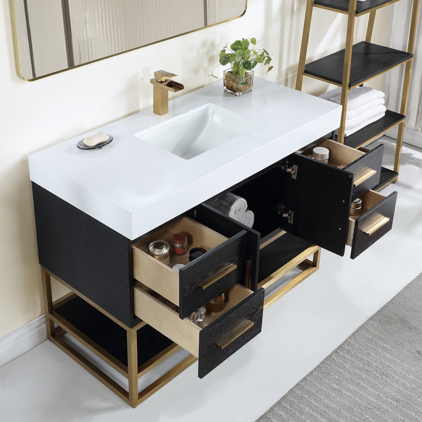 Bianco 48D" Single Bathroom Vanity in Black Oak with Brushed Gold Support Base and White Engineered Stone Countertop without Mirror