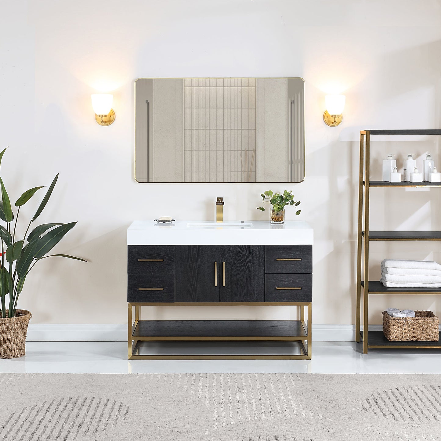 Bianco 48D" Single Bathroom Vanity in Black Oak with Brushed Gold Support Base and White Engineered Stone Countertop with Mirror