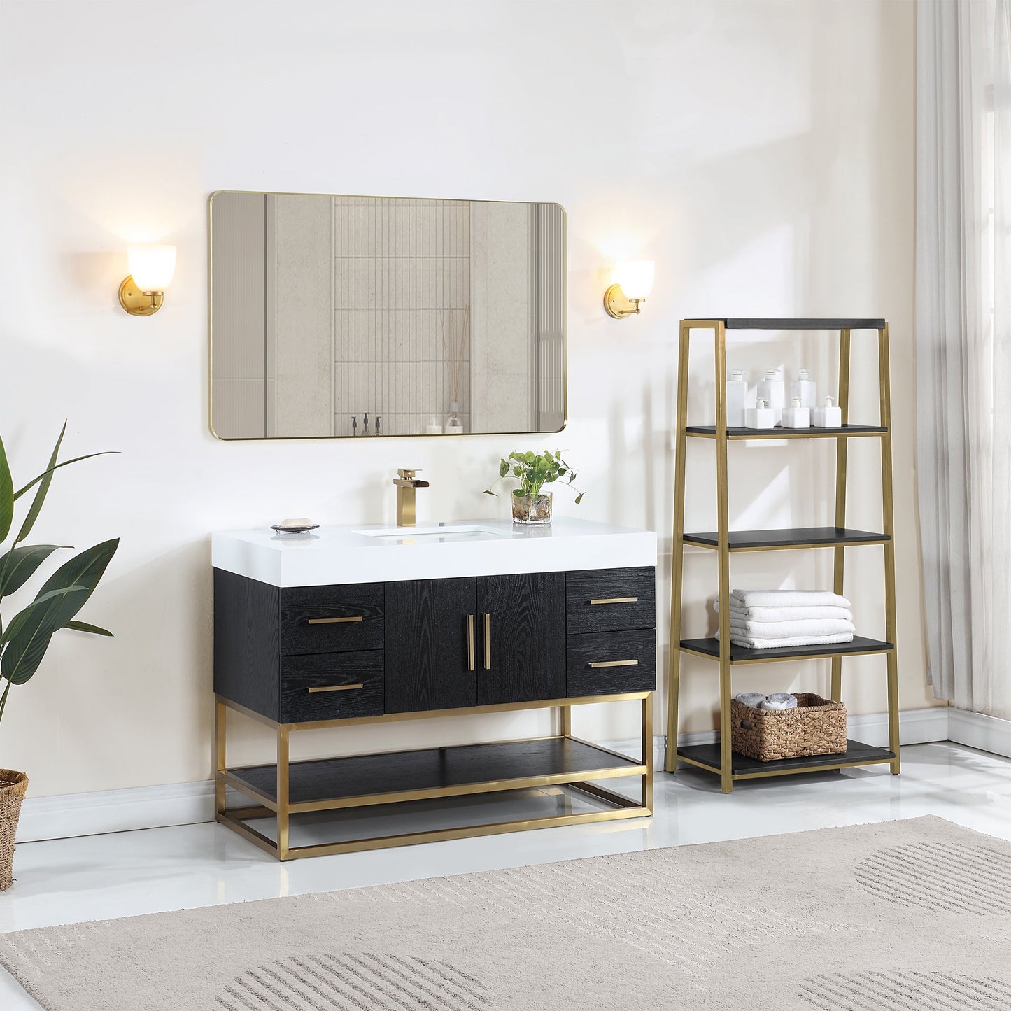 Bianco 48D" Single Bathroom Vanity in Black Oak with Brushed Gold Support Base and White Engineered Stone Countertop with Mirror