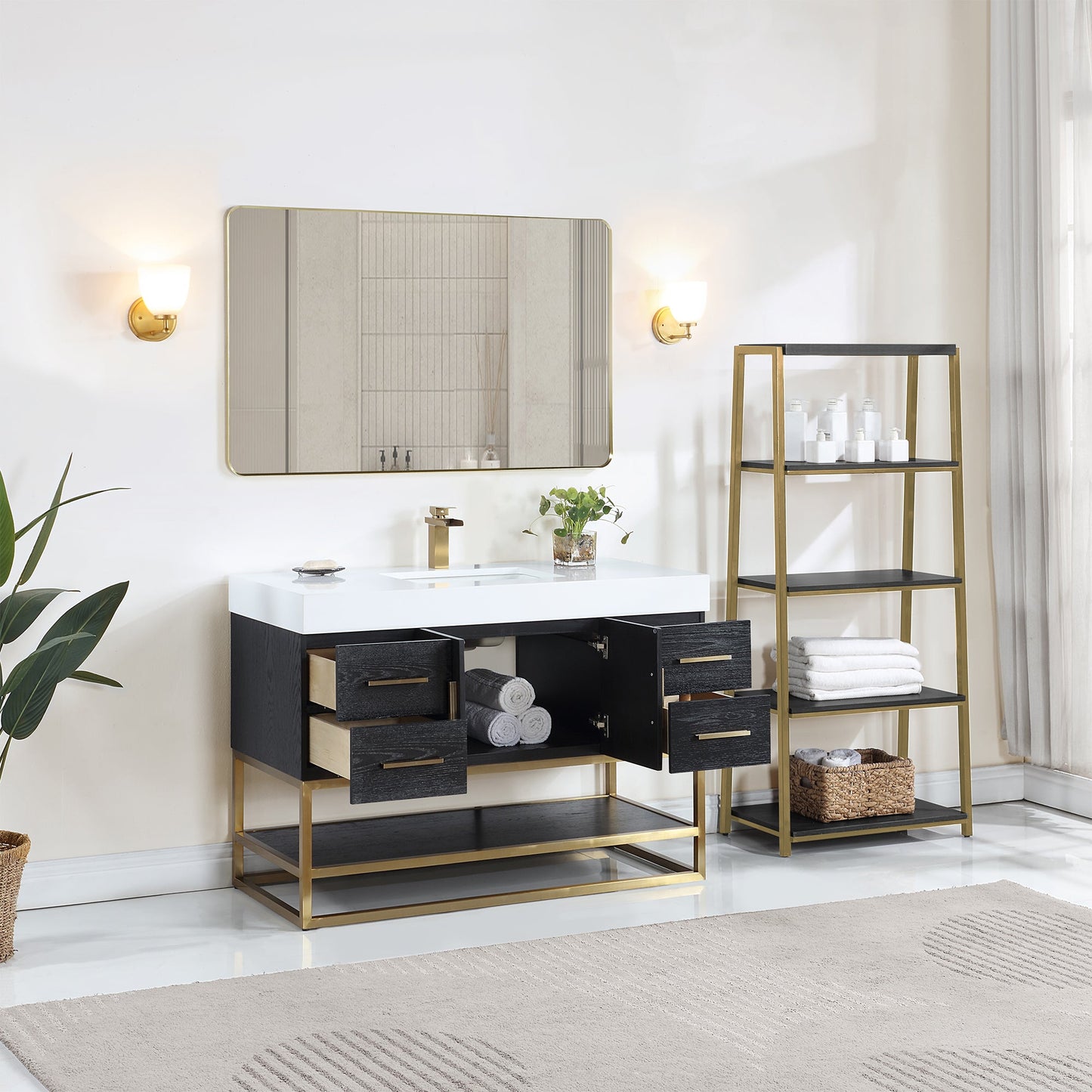 Bianco 48D" Single Bathroom Vanity in Black Oak with Brushed Gold Support Base and White Engineered Stone Countertop with Mirror