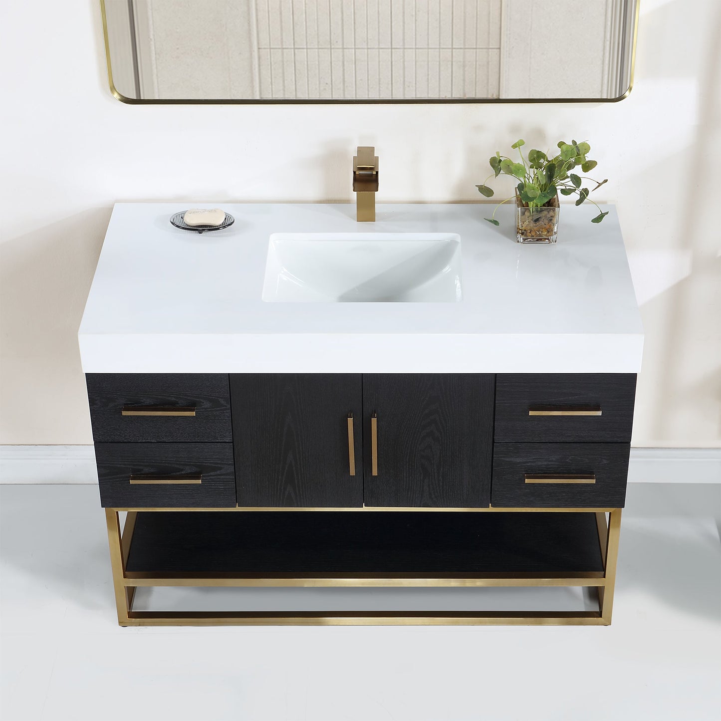 Bianco 48D" Single Bathroom Vanity in Black Oak with Brushed Gold Support Base and White Engineered Stone Countertop with Mirror