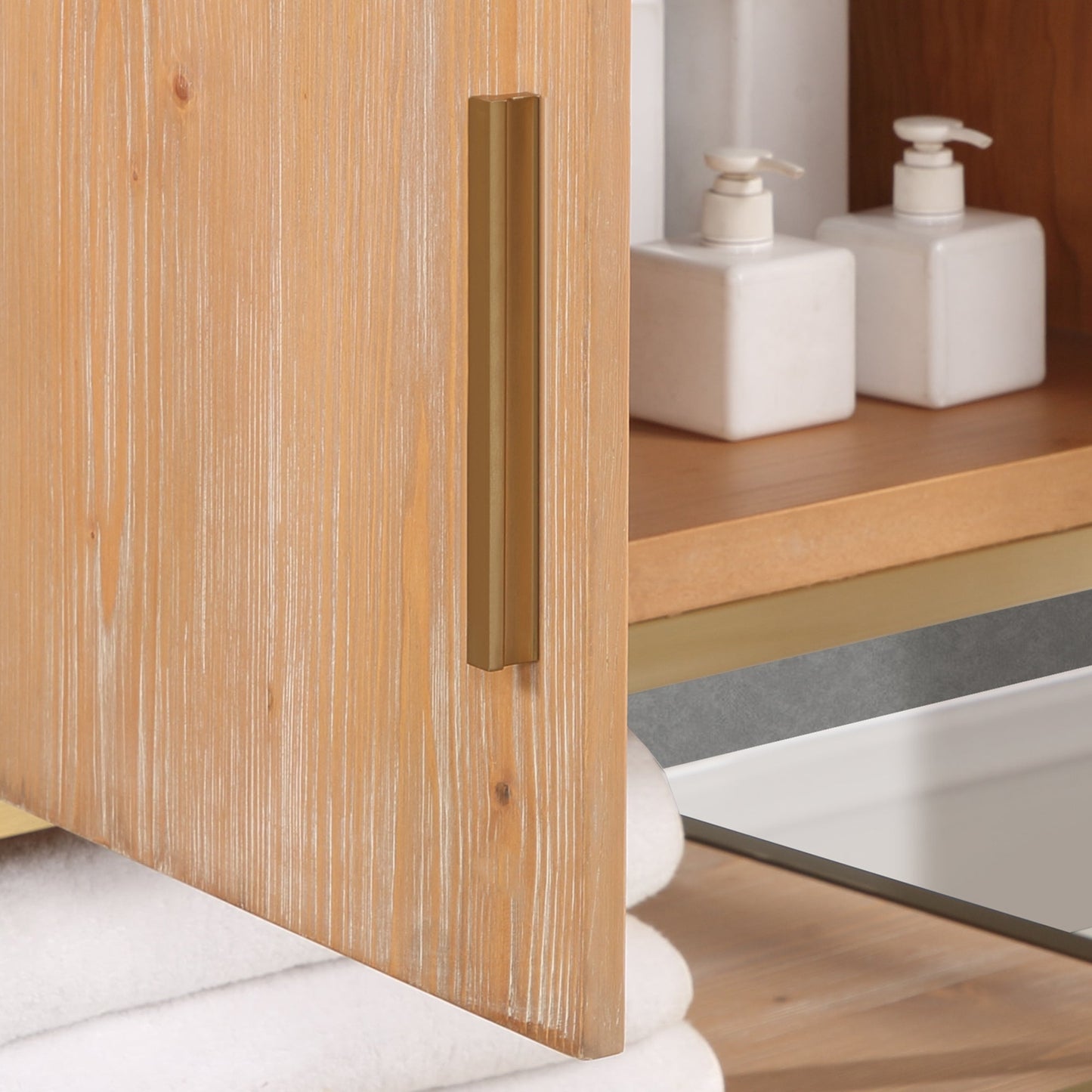 Bianco 48" Single Bathroom Vanity in Light Brown with Brushed Gold Support Base and White Engineered Stone Countertop without Mirror