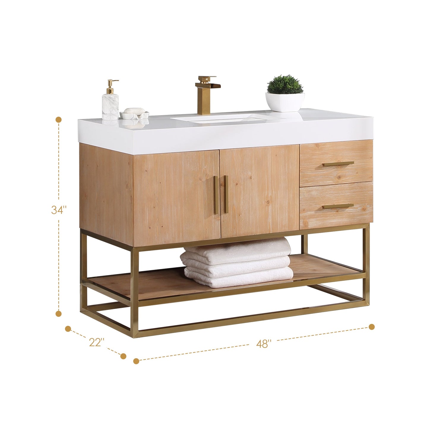 Bianco 48" Single Bathroom Vanity in Light Brown with Brushed Gold Support Base and White Engineered Stone Countertop without Mirror