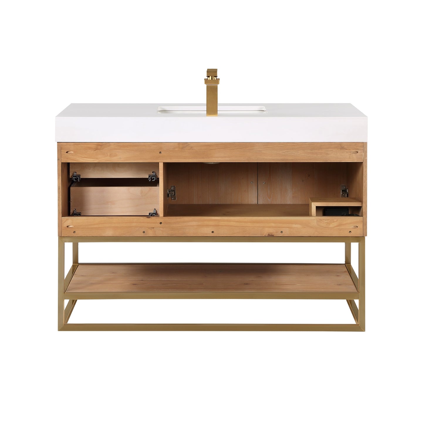 Bianco 48" Single Bathroom Vanity in Light Brown with Brushed Gold Support Base and White Engineered Stone Countertop without Mirror
