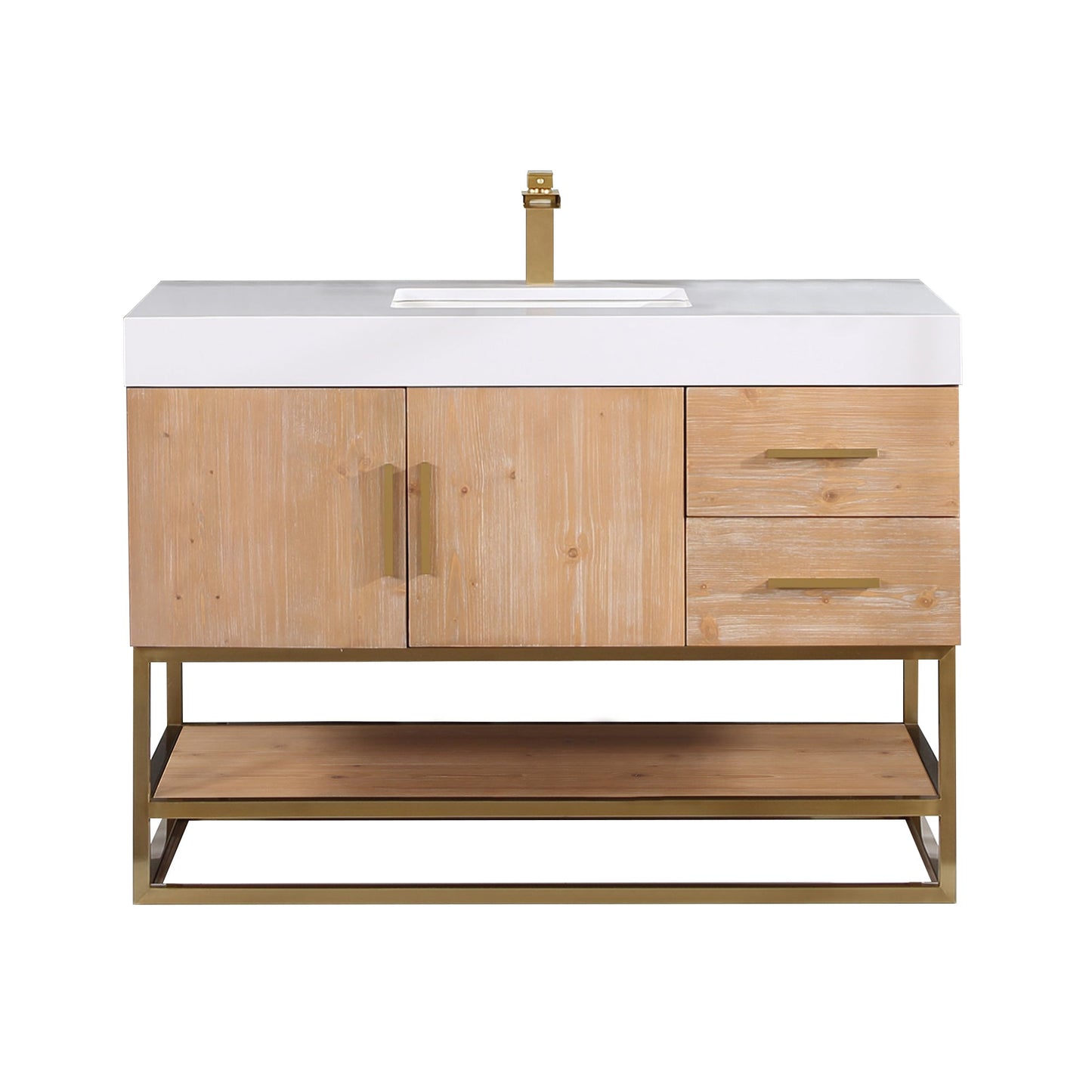 Bianco 48" Single Bathroom Vanity in Light Brown with Brushed Gold Support Base and White Engineered Stone Countertop without Mirror