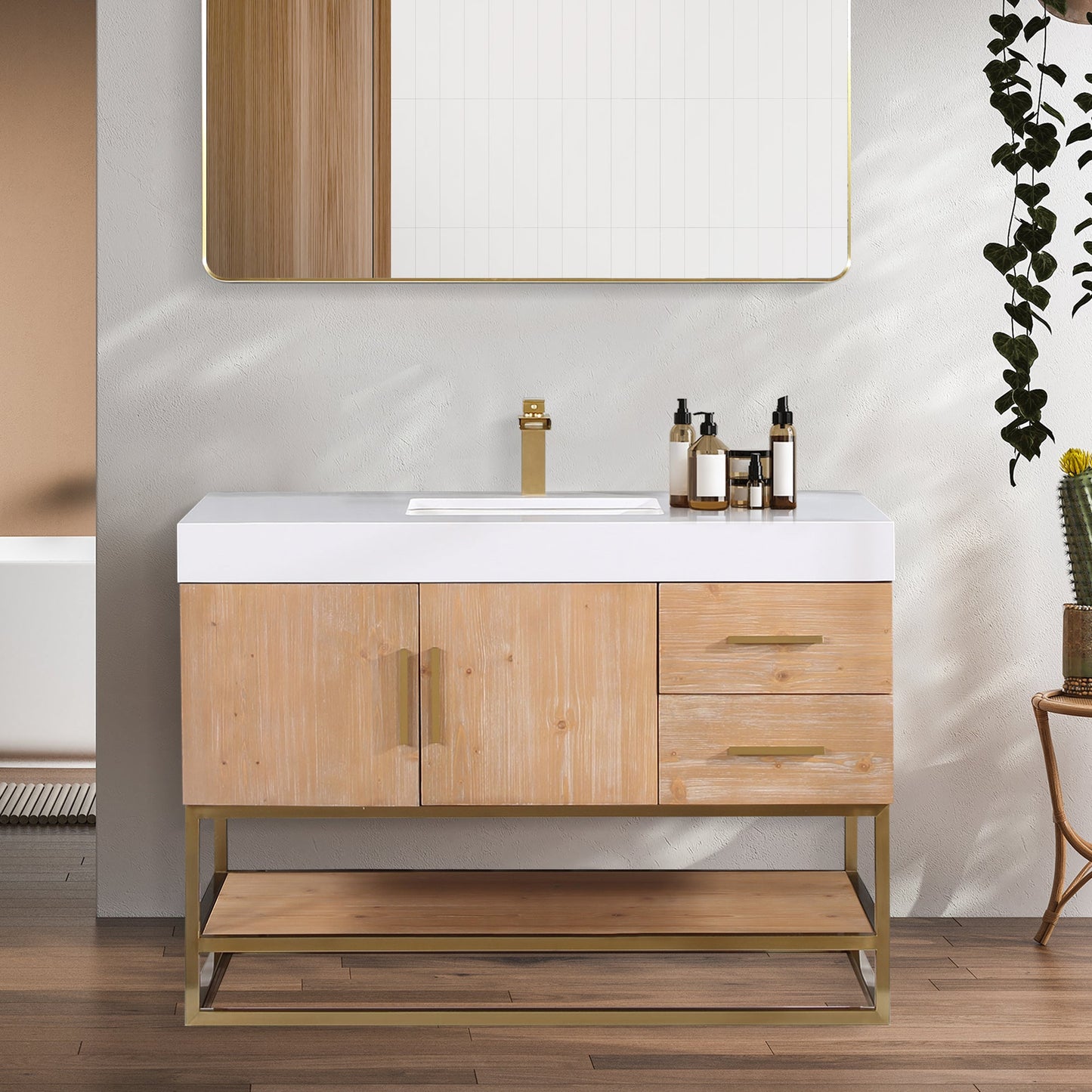Bianco 48" Single Bathroom Vanity in Light Brown with Brushed Gold Support Base and White Engineered Stone Countertop without Mirror
