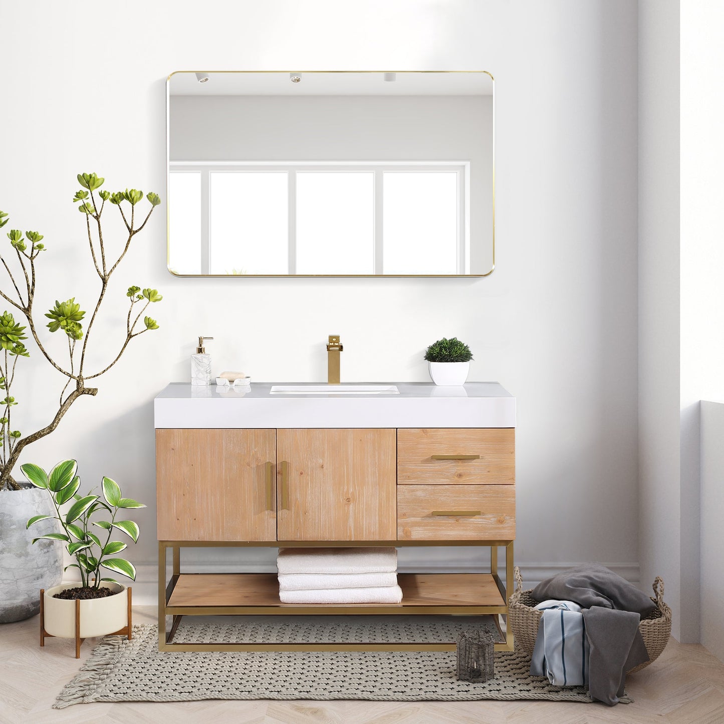 Bianco 48" Single Bathroom Vanity in Light Brown with Brushed Gold Support Base and White Engineered Stone Countertop with Mirror
