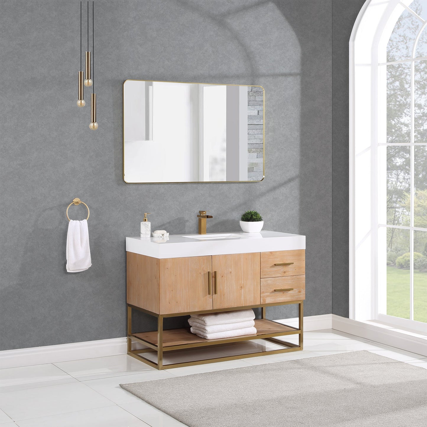 Bianco 48" Single Bathroom Vanity in Light Brown with Brushed Gold Support Base and White Engineered Stone Countertop with Mirror