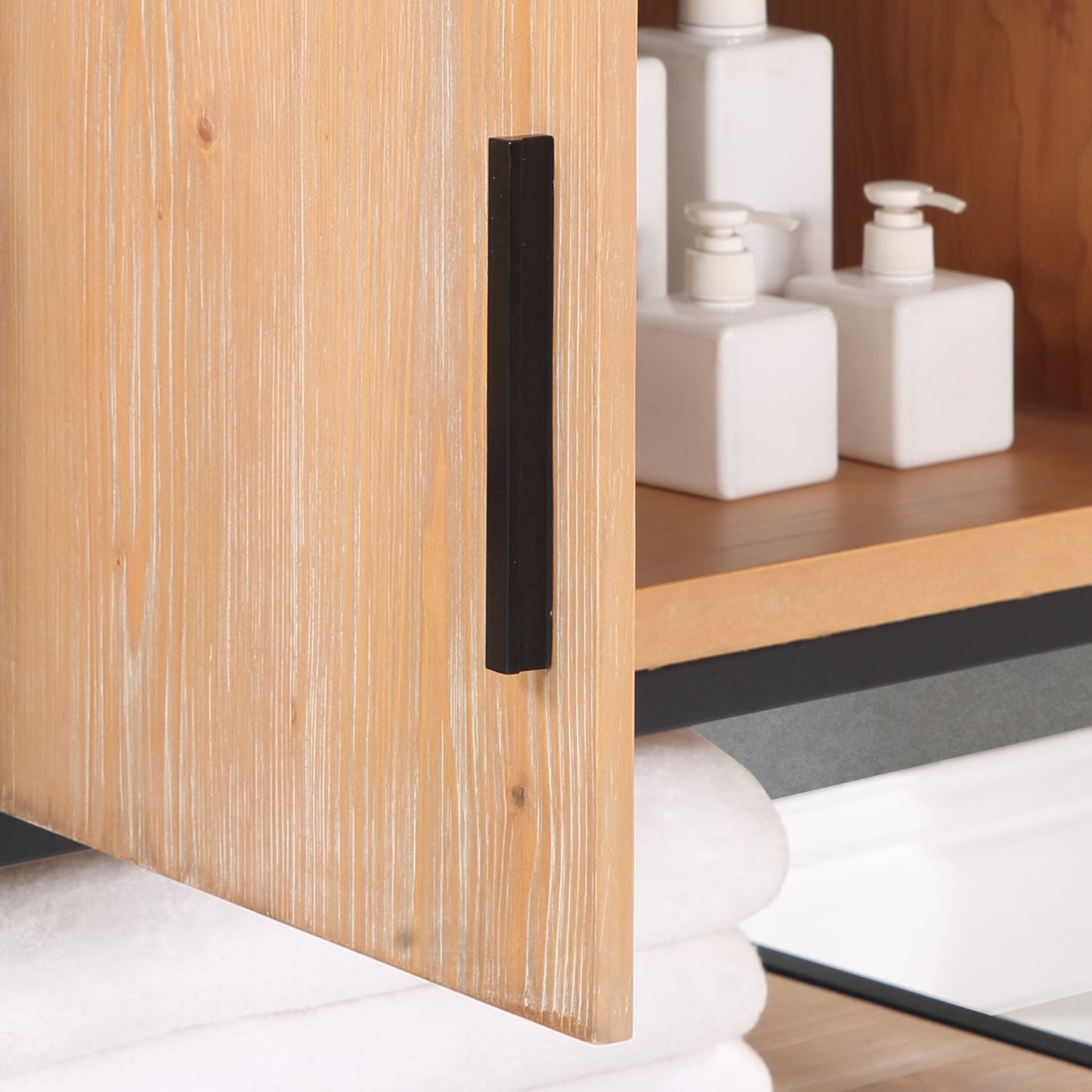 Bianco 60" Double Bathroom Vanity in Light Brown with Matte Black Support Base and White Engineered Stone Countertop without Mirror