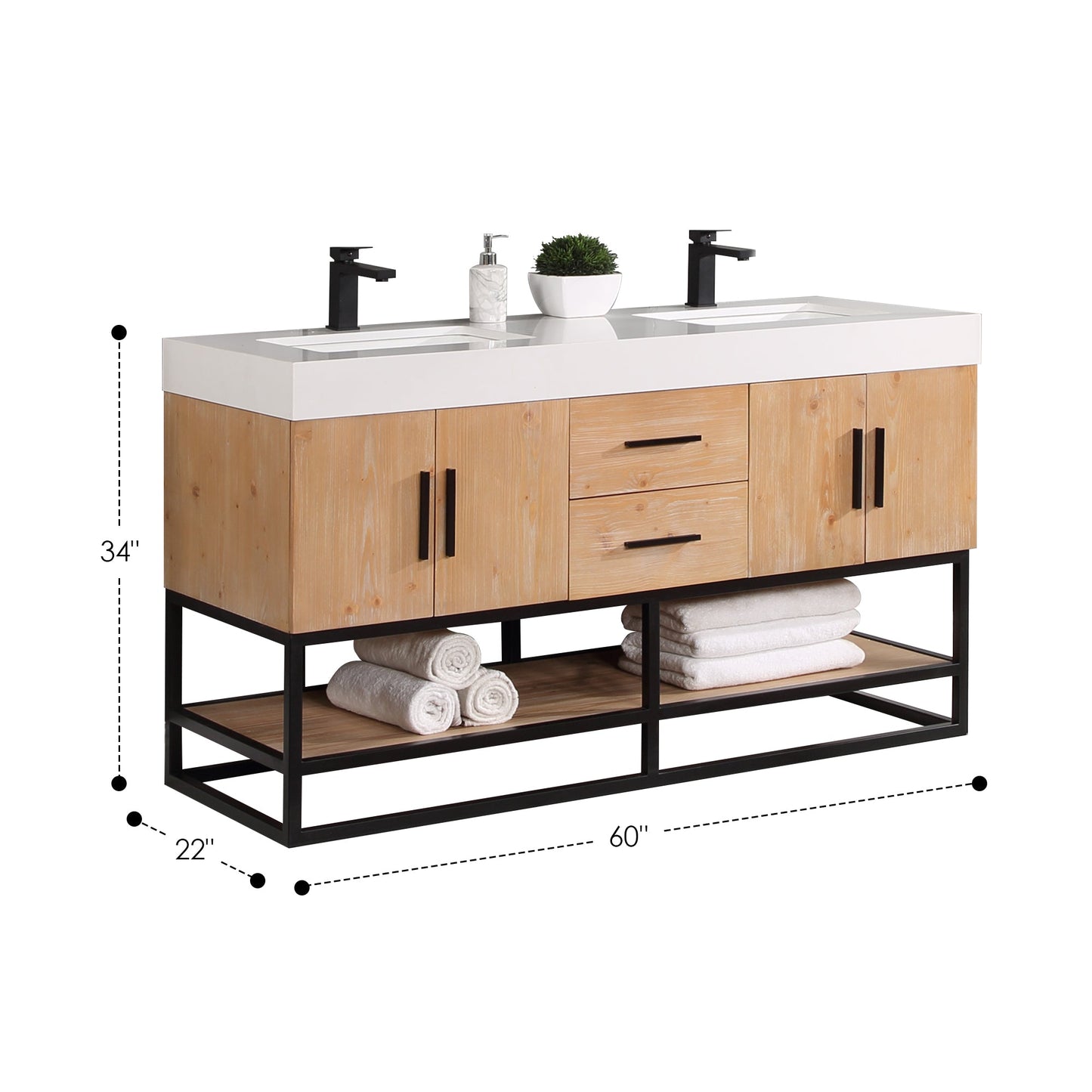 Bianco 60" Double Bathroom Vanity in Light Brown with Matte Black Support Base and White Engineered Stone Countertop without Mirror