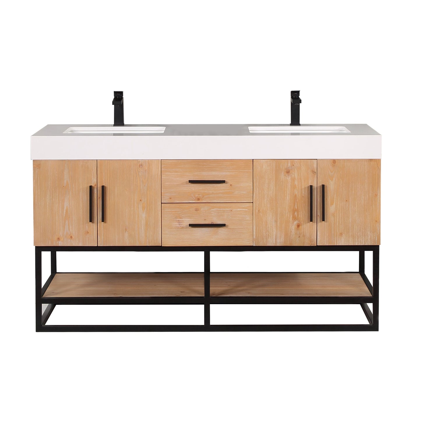 Bianco 60" Double Bathroom Vanity in Light Brown with Matte Black Support Base and White Engineered Stone Countertop without Mirror