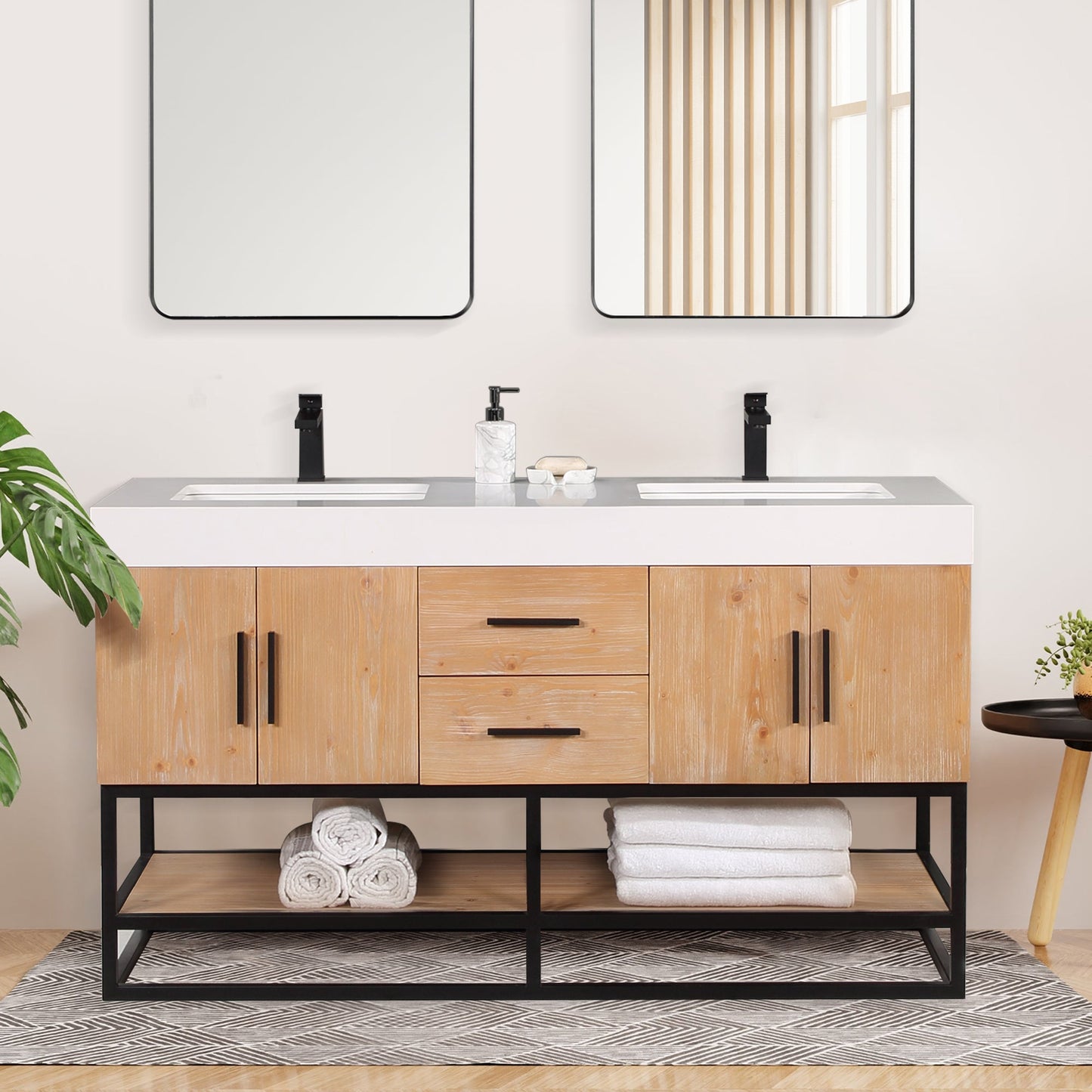 Bianco 60" Double Bathroom Vanity in Light Brown with Matte Black Support Base and White Engineered Stone Countertop without Mirror