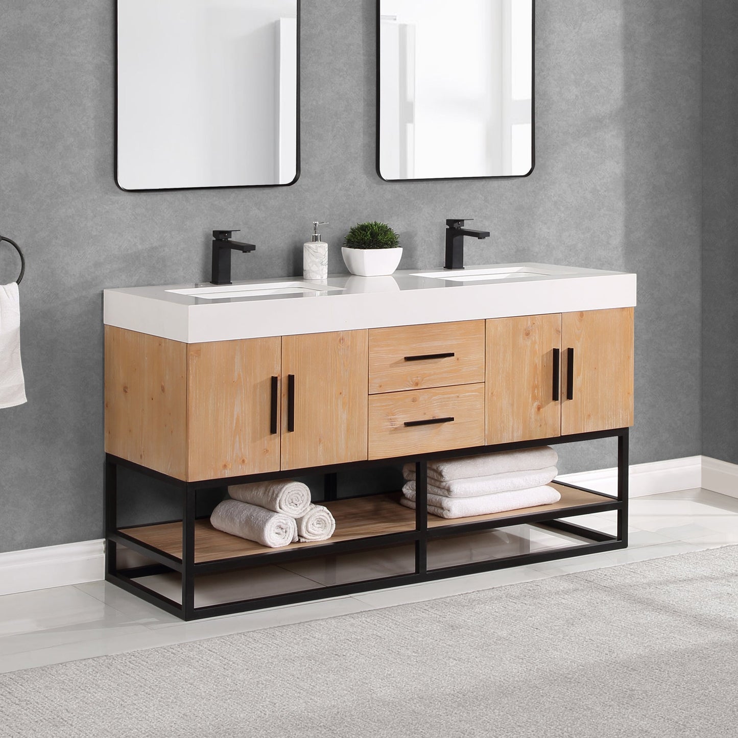 Bianco 60" Double Bathroom Vanity in Light Brown with Matte Black Support Base and White Engineered Stone Countertop without Mirror