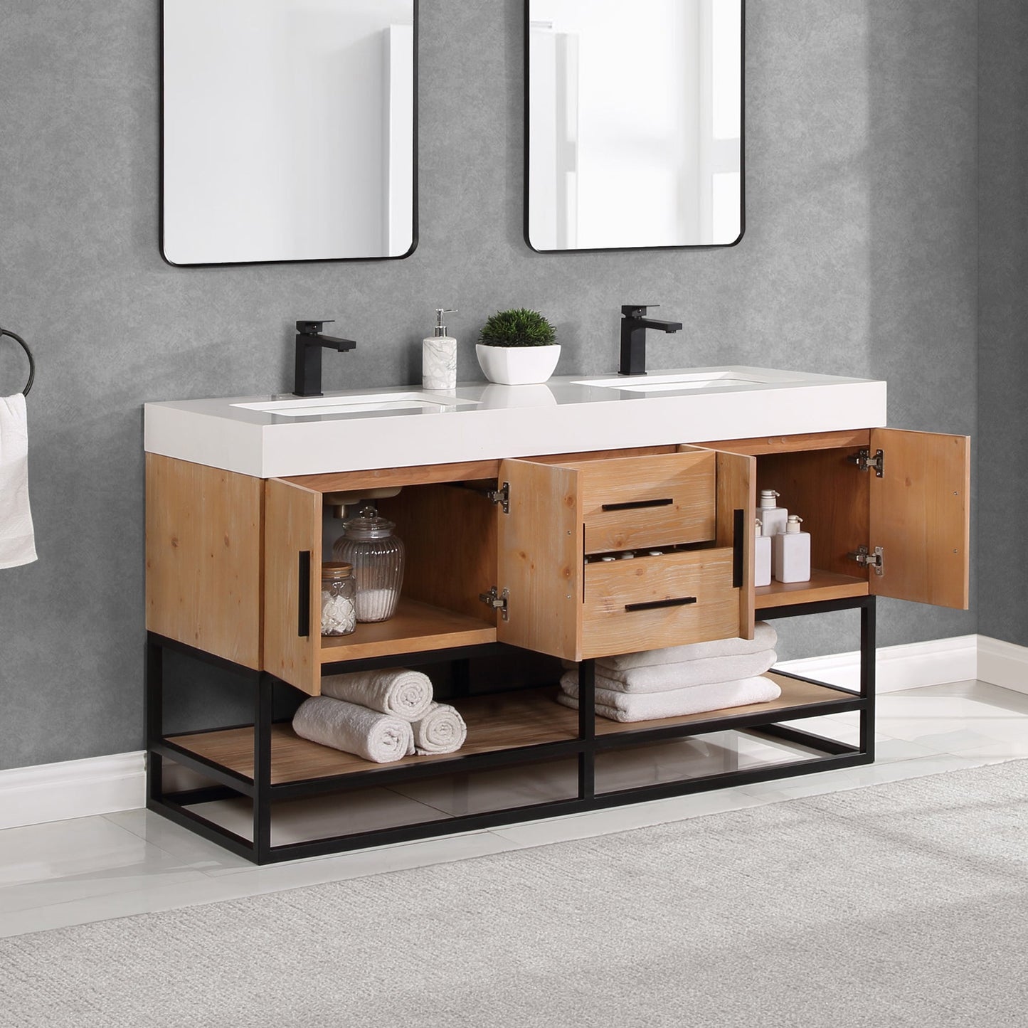 Bianco 60" Double Bathroom Vanity in Light Brown with Matte Black Support Base and White Engineered Stone Countertop without Mirror