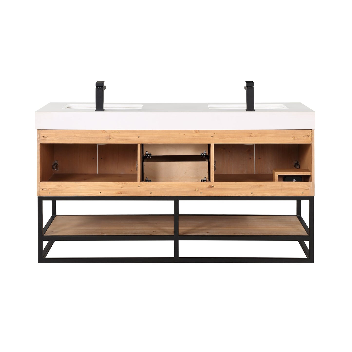 Bianco 60" Double Bathroom Vanity in Light Brown with Matte Black Support Base and White Engineered Stone Countertop with Mirror