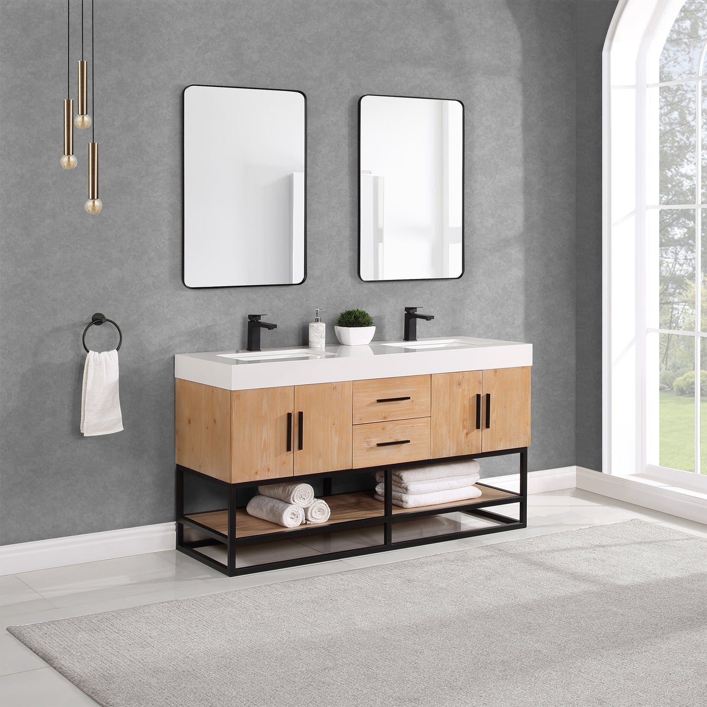 Bianco 60" Double Bathroom Vanity in Light Brown with Matte Black Support Base and White Engineered Stone Countertop with Mirror