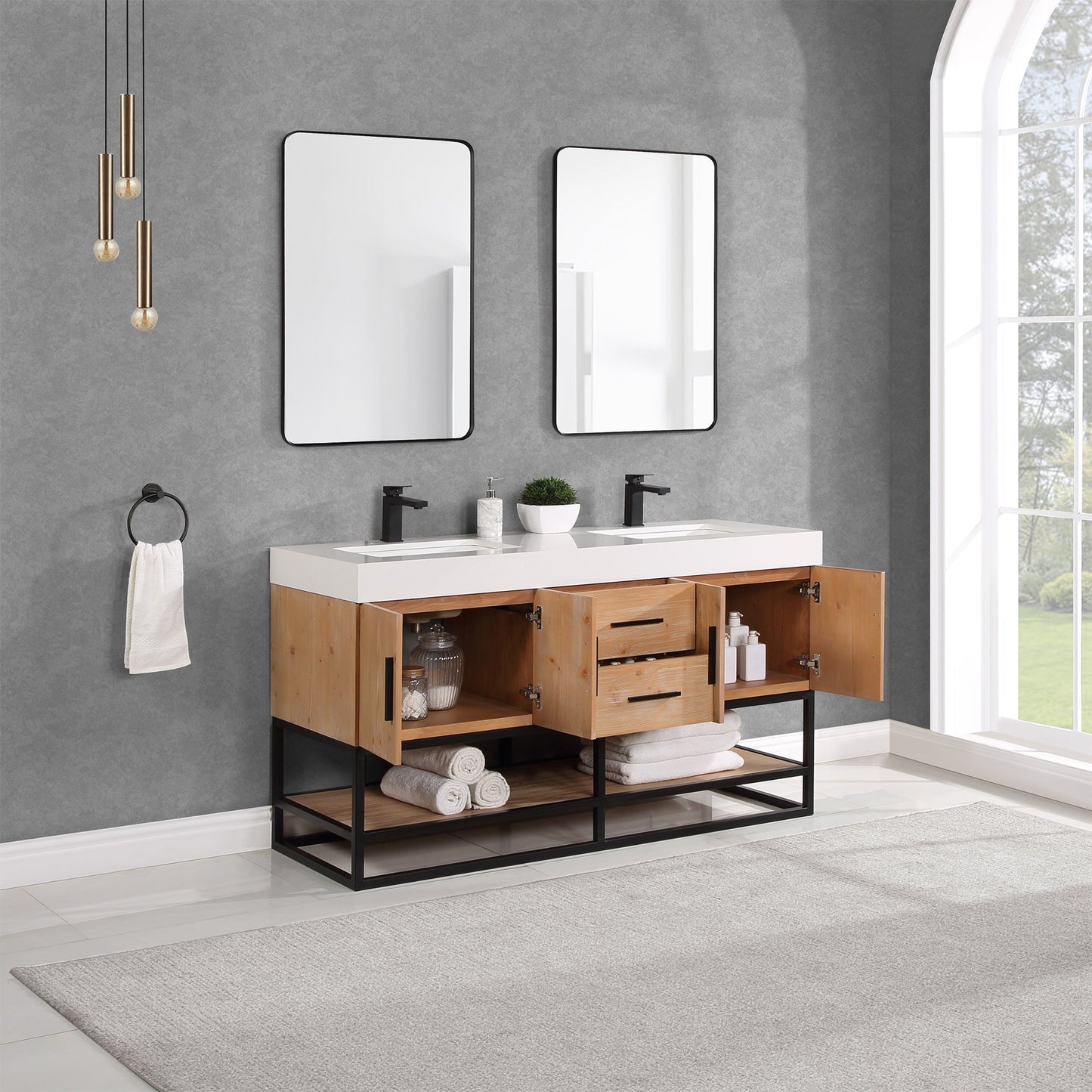 Bianco 60" Double Bathroom Vanity in Light Brown with Matte Black Support Base and White Engineered Stone Countertop with Mirror