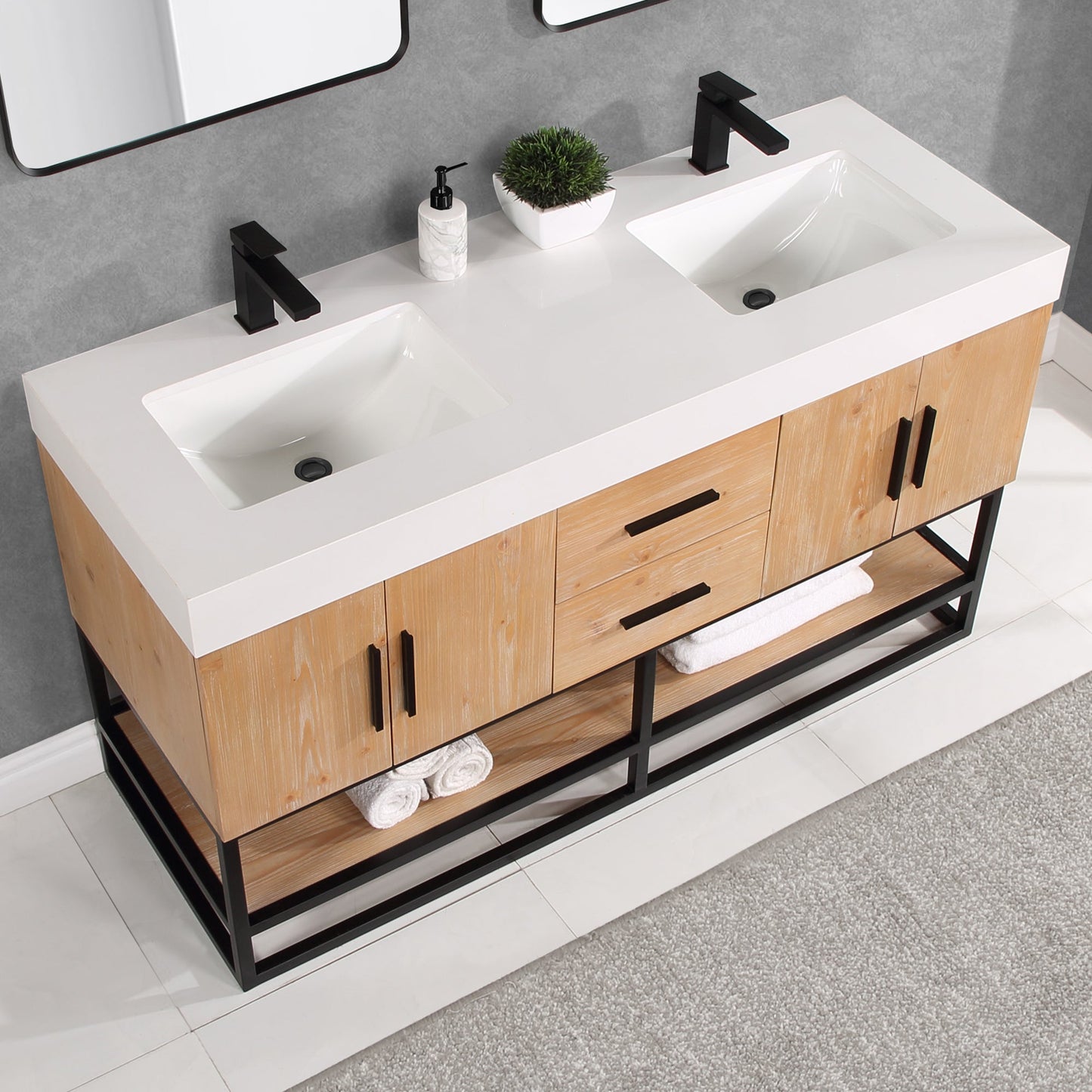 Bianco 60" Double Bathroom Vanity in Light Brown with Matte Black Support Base and White Engineered Stone Countertop with Mirror