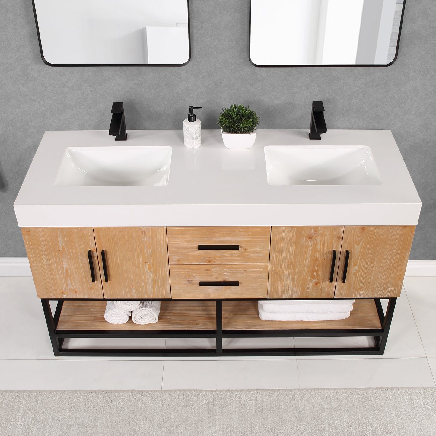 Bianco 60" Double Bathroom Vanity in Light Brown with Matte Black Support Base and White Engineered Stone Countertop with Mirror