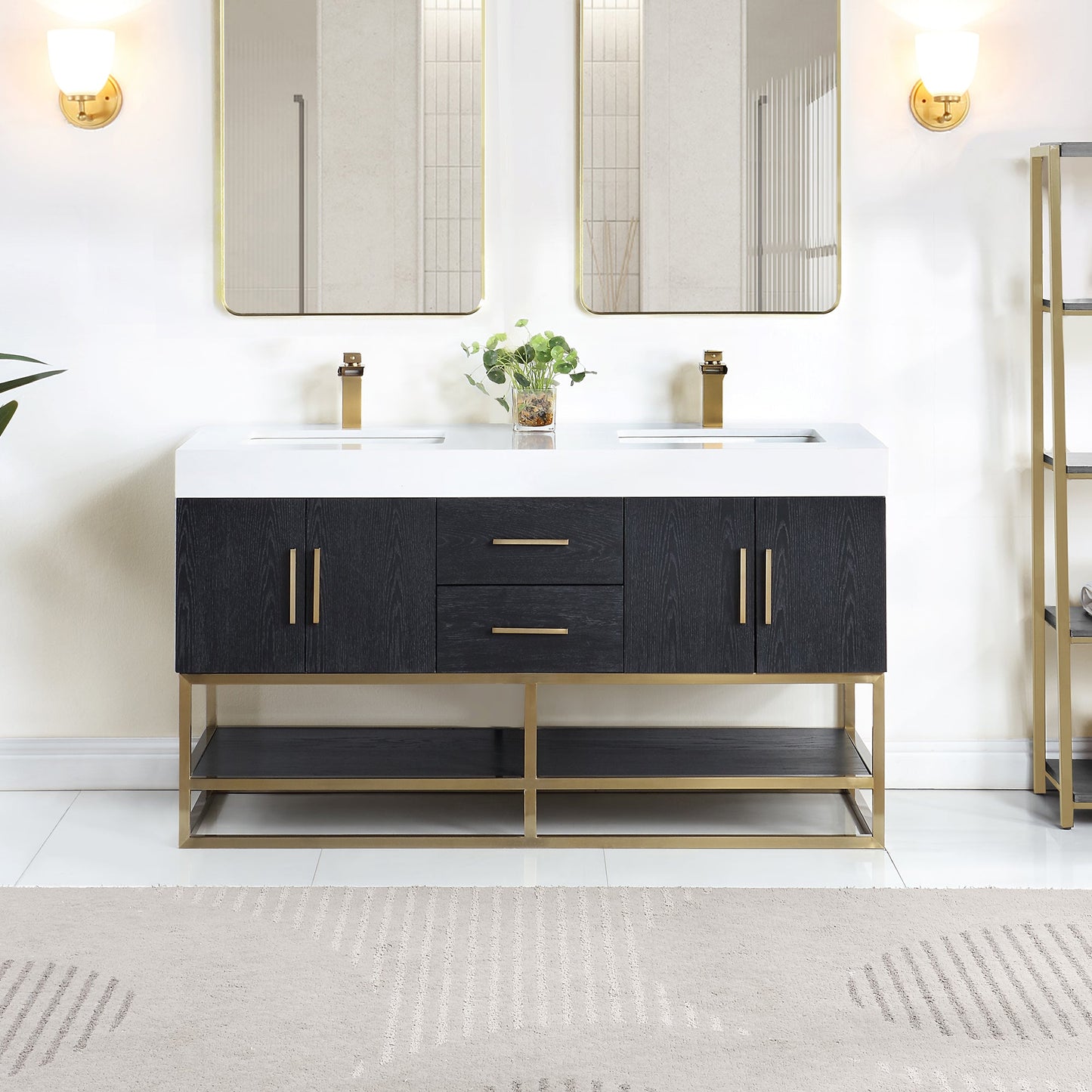 Bianco 60" Double Bathroom Vanity in Black Oak with Brushed Gold Support Base and White Engineered Stone Countertop without Mirror