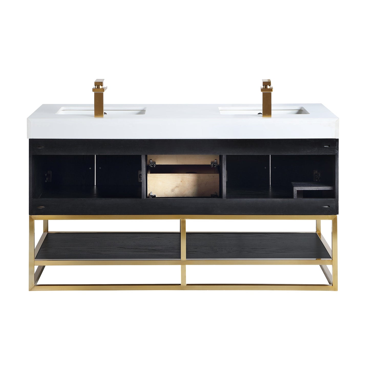 Bianco 60" Double Bathroom Vanity in Black Oak with Brushed Gold Support Base and White Engineered Stone Countertop with Mirror