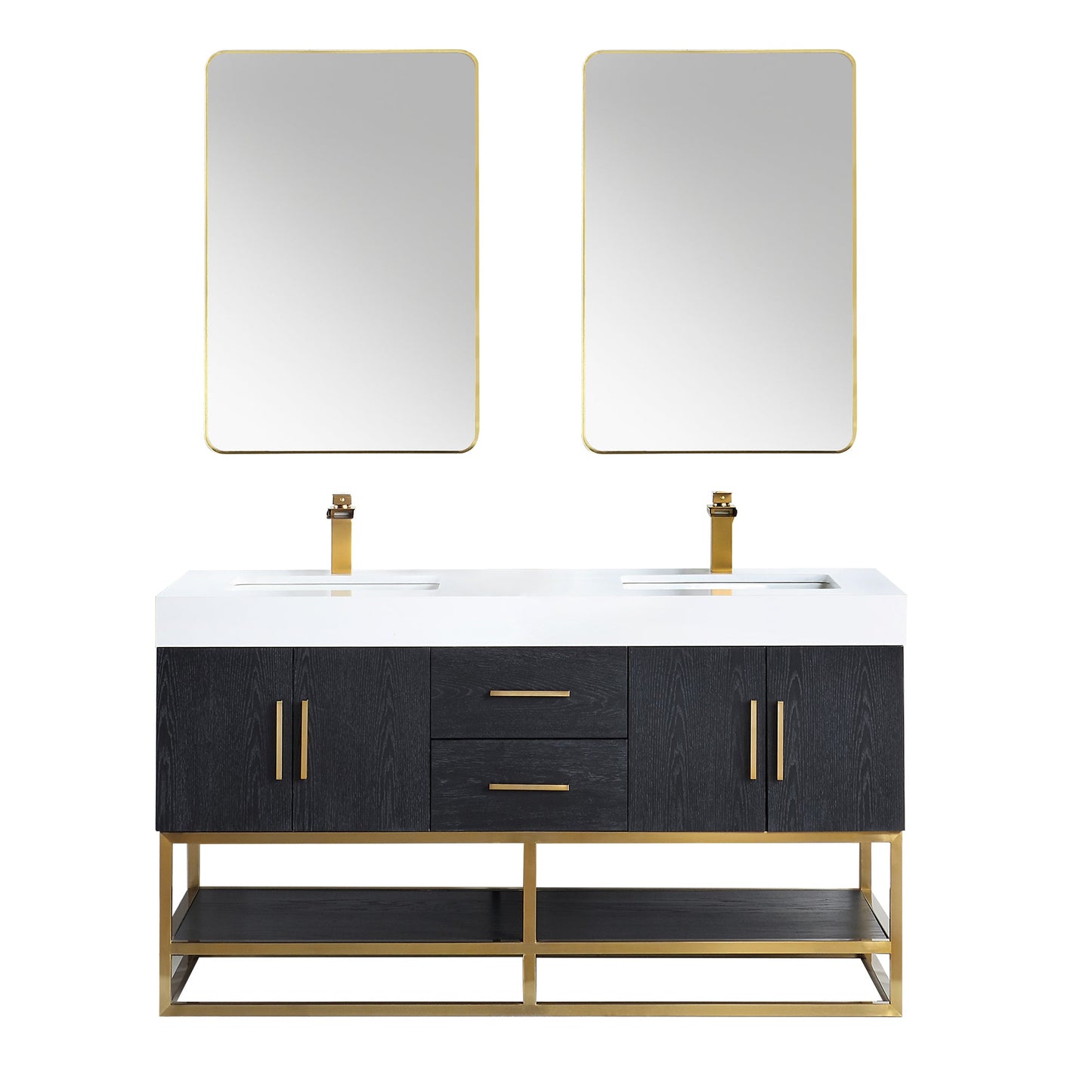Bianco 60" Double Bathroom Vanity in Black Oak with Brushed Gold Support Base and White Engineered Stone Countertop with Mirror