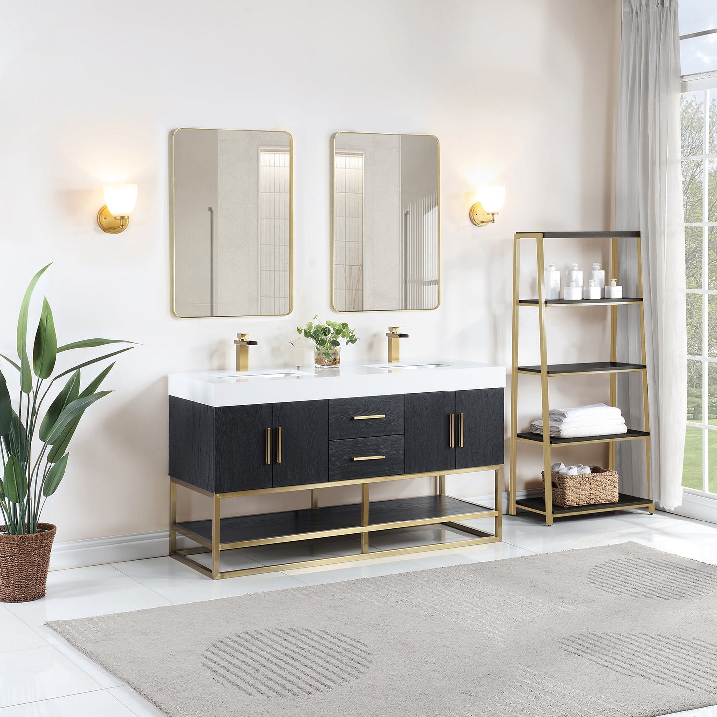 Bianco 60" Double Bathroom Vanity in Black Oak with Brushed Gold Support Base and White Engineered Stone Countertop with Mirror