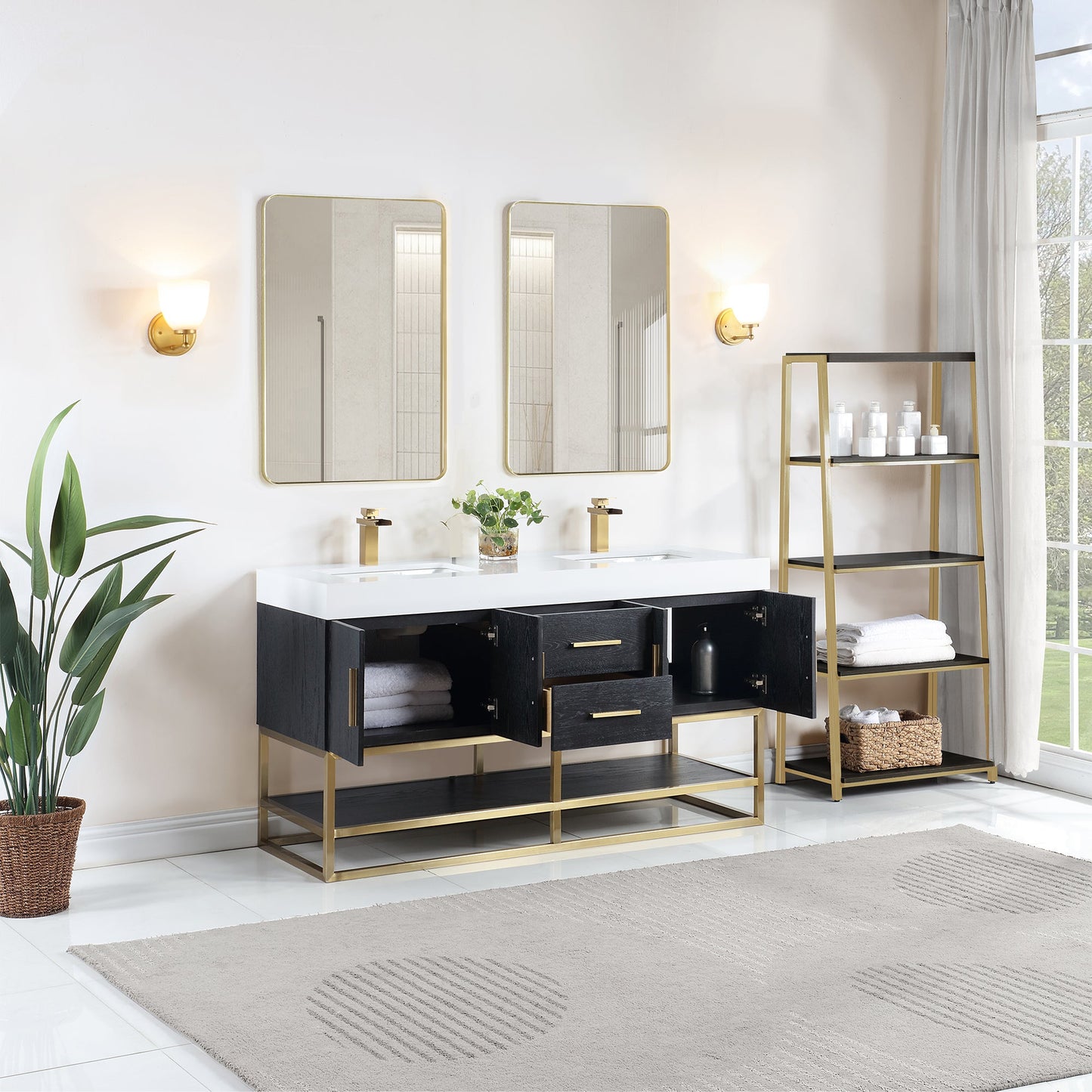 Bianco 60" Double Bathroom Vanity in Black Oak with Brushed Gold Support Base and White Engineered Stone Countertop with Mirror