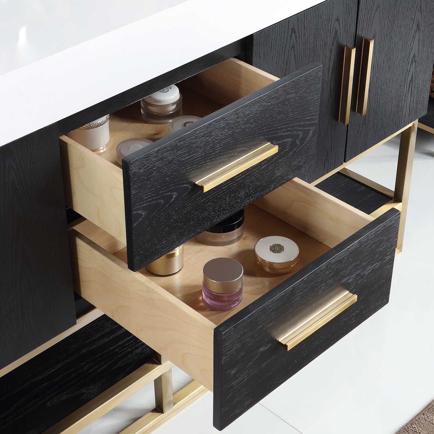 Bianco 60" Double Bathroom Vanity in Black Oak with Brushed Gold Support Base and White Engineered Stone Countertop with Mirror