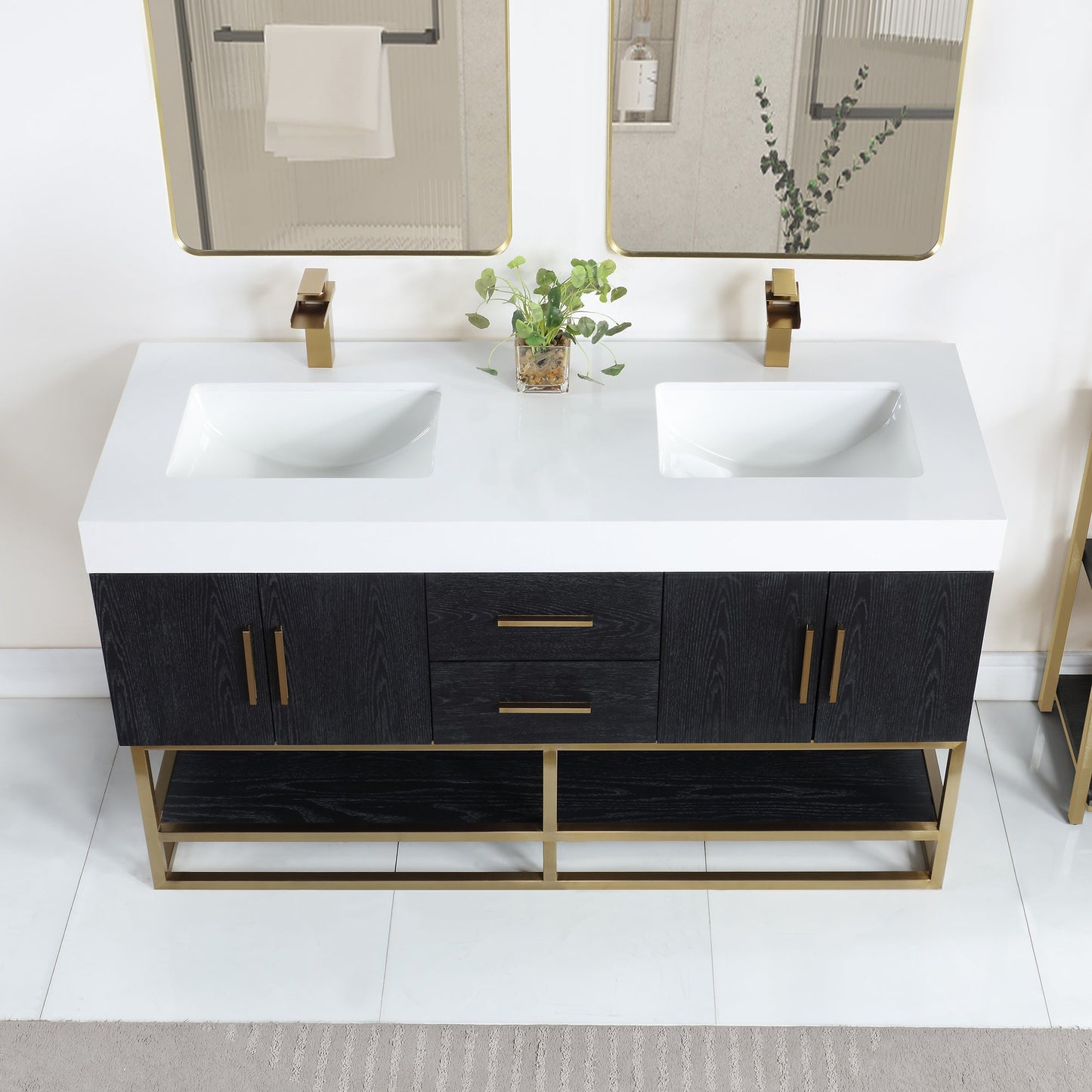 Bianco 60" Double Bathroom Vanity in Black Oak with Brushed Gold Support Base and White Engineered Stone Countertop with Mirror