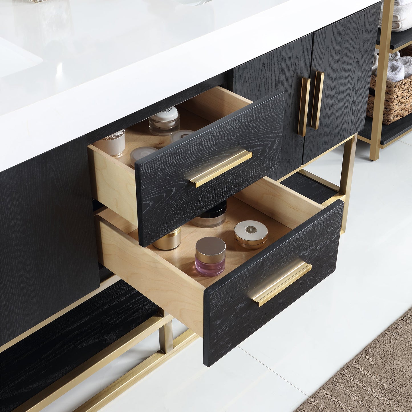 Bianco 60" Double Bathroom Vanity in Black Oak with Brushed Gold Support Base and White Engineered Stone Countertop with Mirror