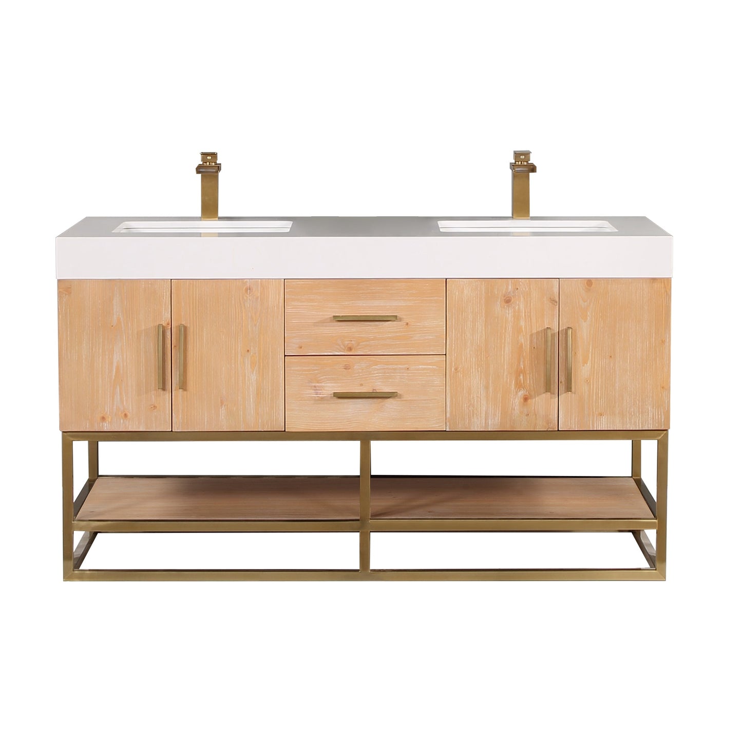 Bianco 60" Double Bathroom Vanity in Light Brown with Brushed Gold Support Base and White Engineered Stone Countertop without Mirror
