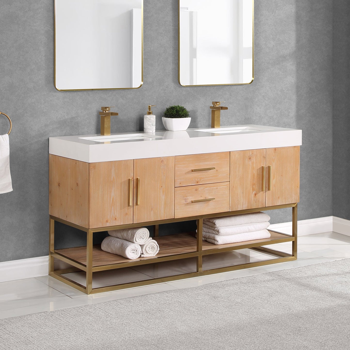 Bianco 60" Double Bathroom Vanity in Light Brown with Brushed Gold Support Base and White Engineered Stone Countertop without Mirror