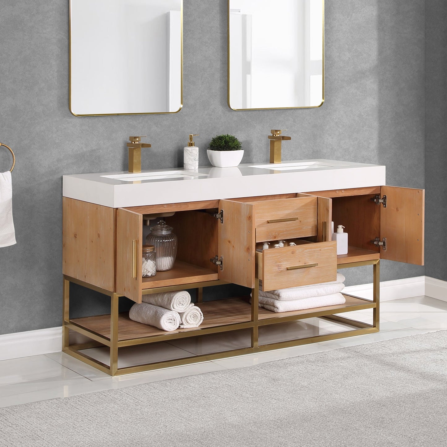 Bianco 60" Double Bathroom Vanity in Light Brown with Brushed Gold Support Base and White Engineered Stone Countertop without Mirror