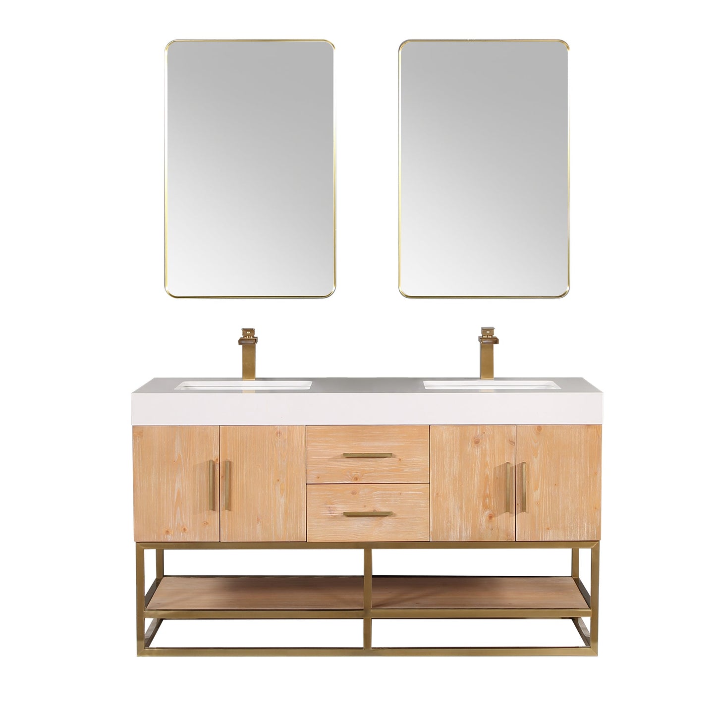 Bianco 60" Double Bathroom Vanity in Light Brown with Brushed Gold Support Base and White Engineered Stone Countertop with Mirror