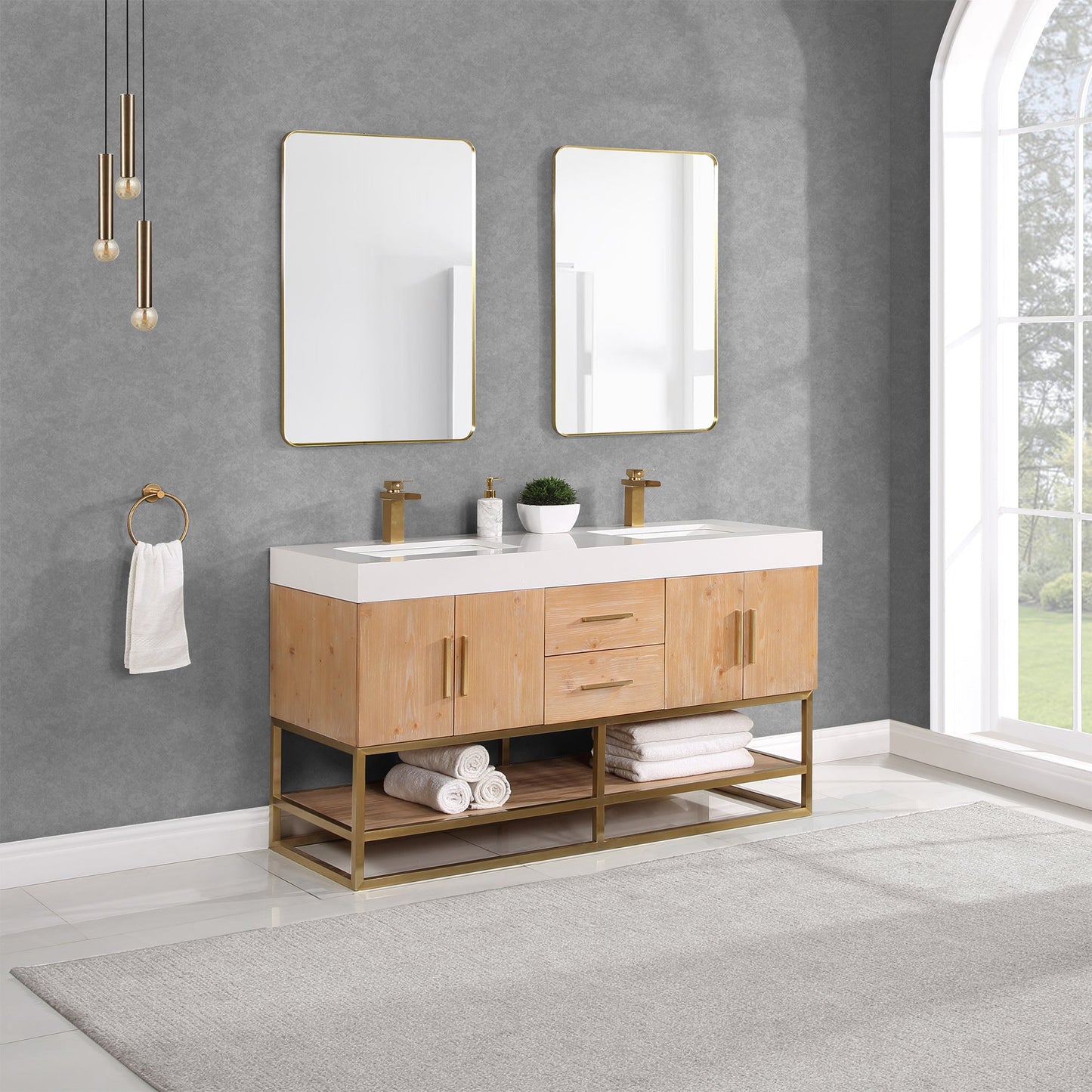 Bianco 60" Double Bathroom Vanity in Light Brown with Brushed Gold Support Base and White Engineered Stone Countertop with Mirror
