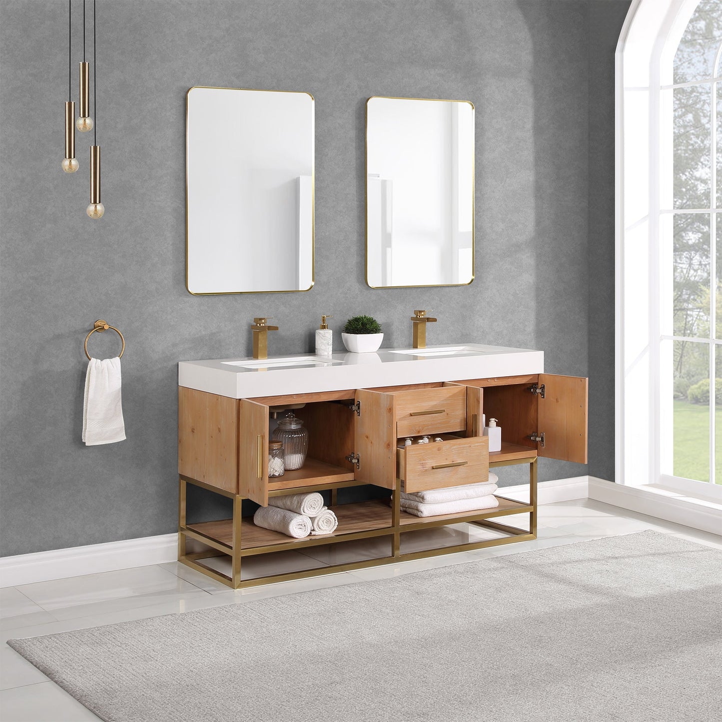 Bianco 60" Double Bathroom Vanity in Light Brown with Brushed Gold Support Base and White Engineered Stone Countertop with Mirror