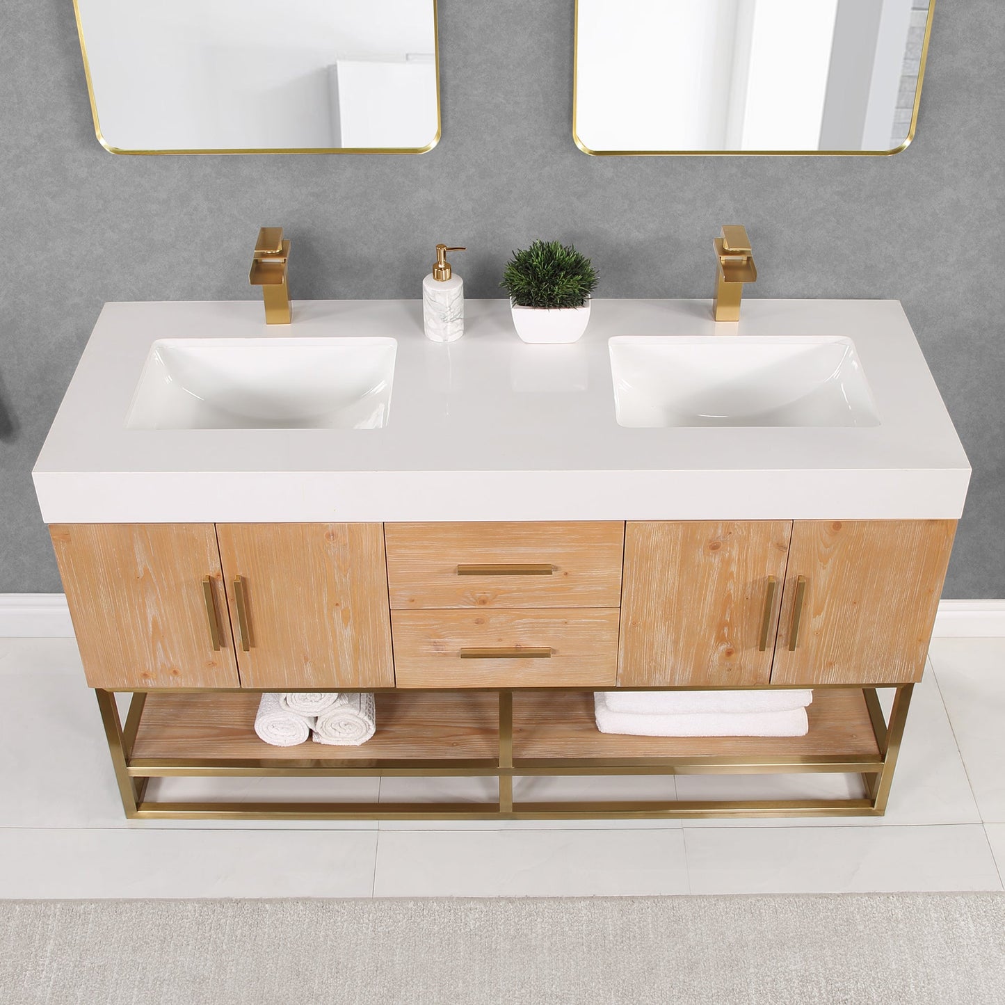 Bianco 60" Double Bathroom Vanity in Light Brown with Brushed Gold Support Base and White Engineered Stone Countertop with Mirror