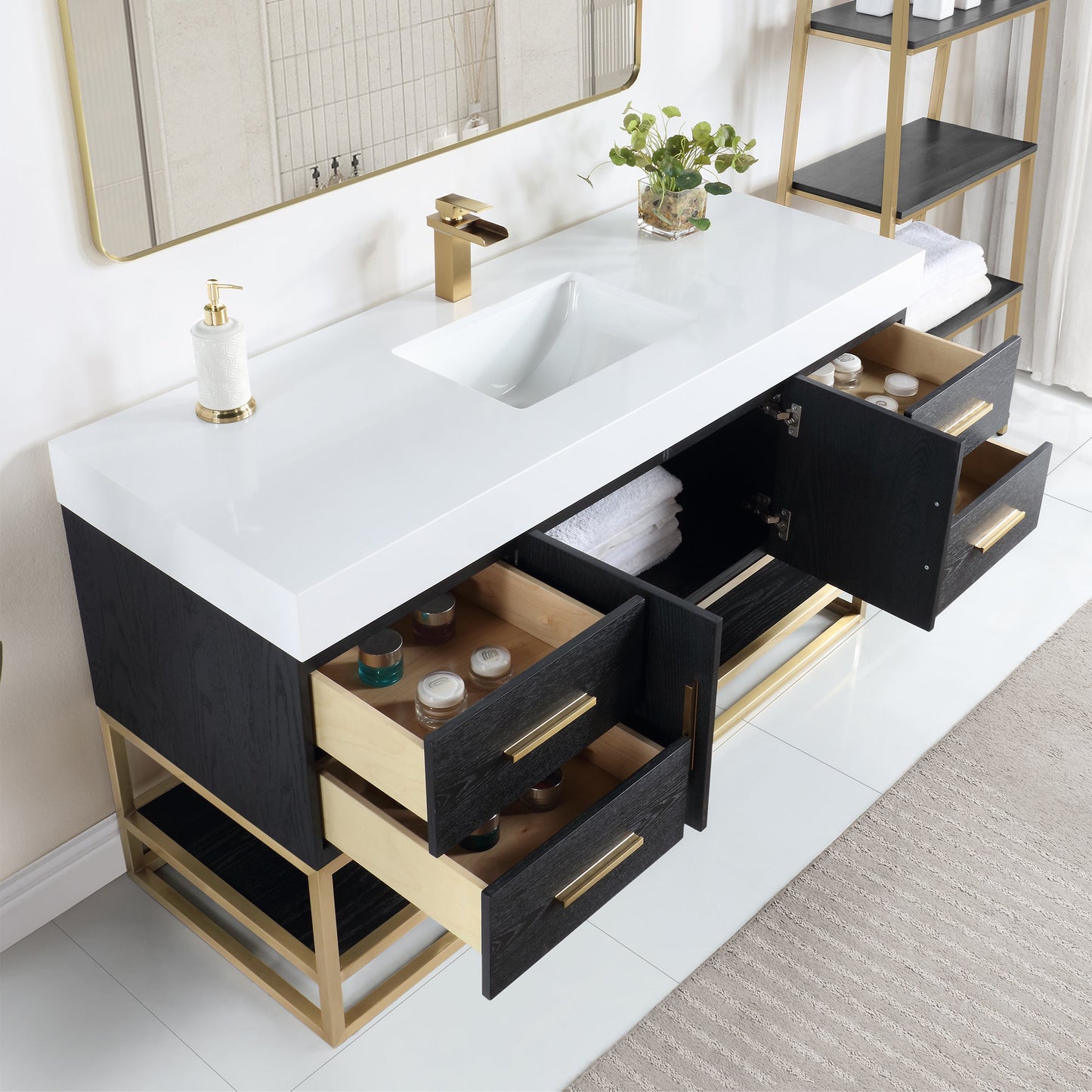 Bianco 60" Single Bathroom Vanity in Black Oak with Brushed Gold Support Base and White Engineered Stone Countertop without Mirror