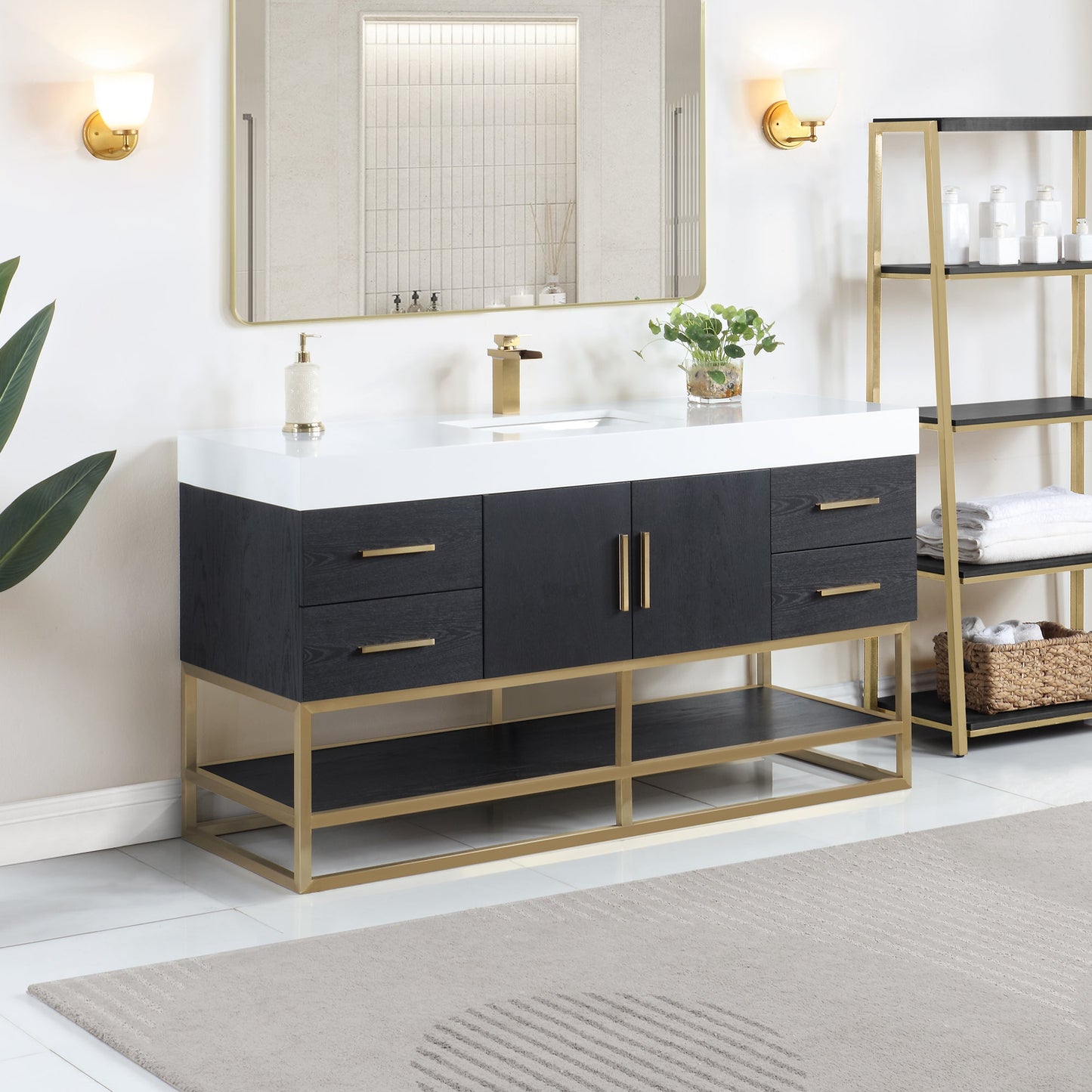 Bianco 60" Single Bathroom Vanity in Black Oak with Brushed Gold Support Base and White Engineered Stone Countertop without Mirror