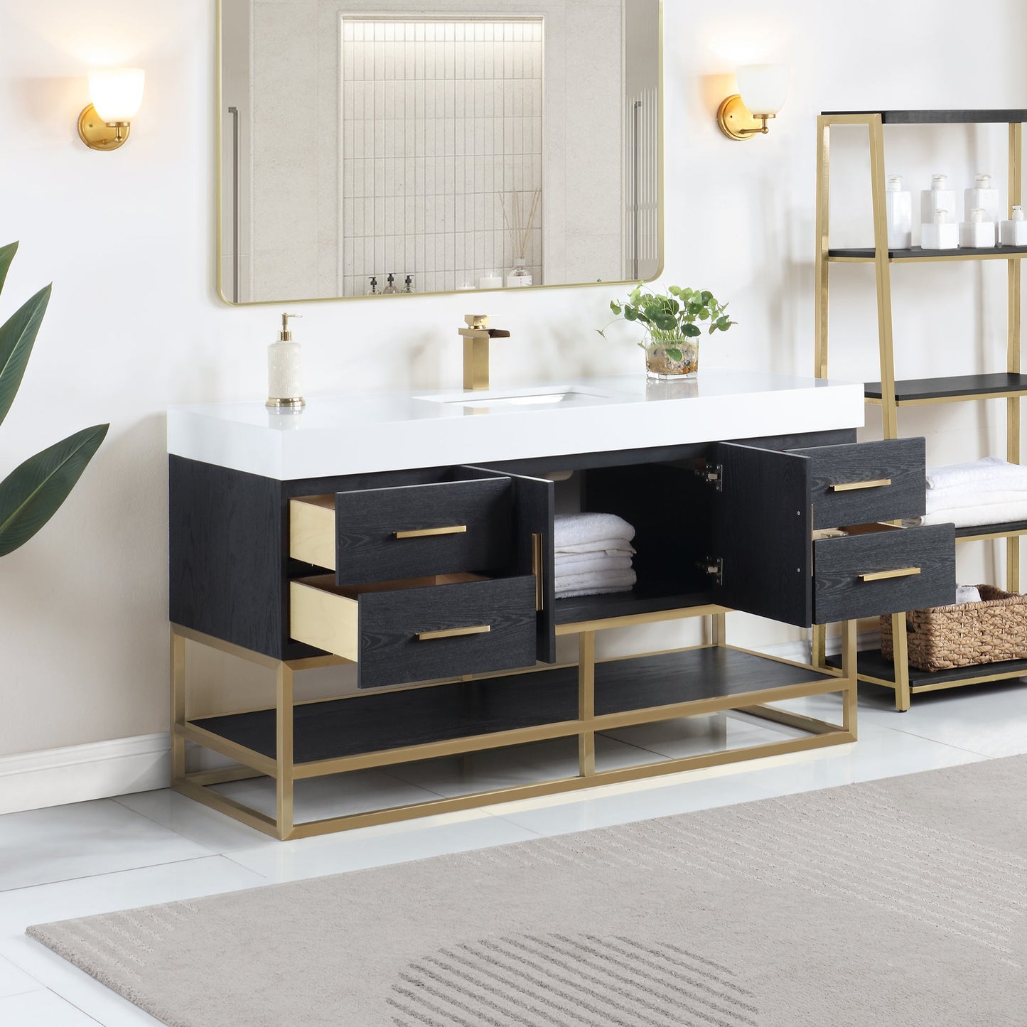 Bianco 60" Single Bathroom Vanity in Black Oak with Brushed Gold Support Base and White Engineered Stone Countertop without Mirror