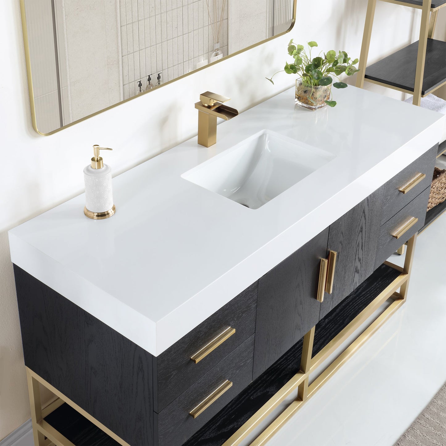 Bianco 60" Single Bathroom Vanity in Black Oak with Brushed Gold Support Base and White Engineered Stone Countertop without Mirror