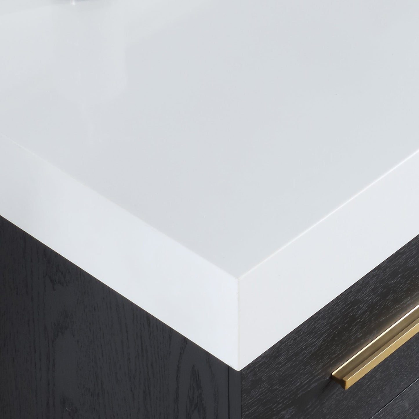 Bianco 60" Single Bathroom Vanity in Black Oak with Brushed Gold Support Base and White Engineered Stone Countertop without Mirror