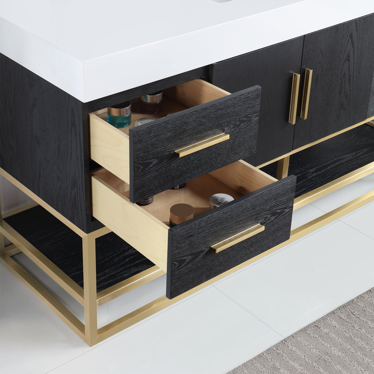 Bianco 60" Single Bathroom Vanity in Black Oak with Brushed Gold Support Base and White Engineered Stone Countertop without Mirror